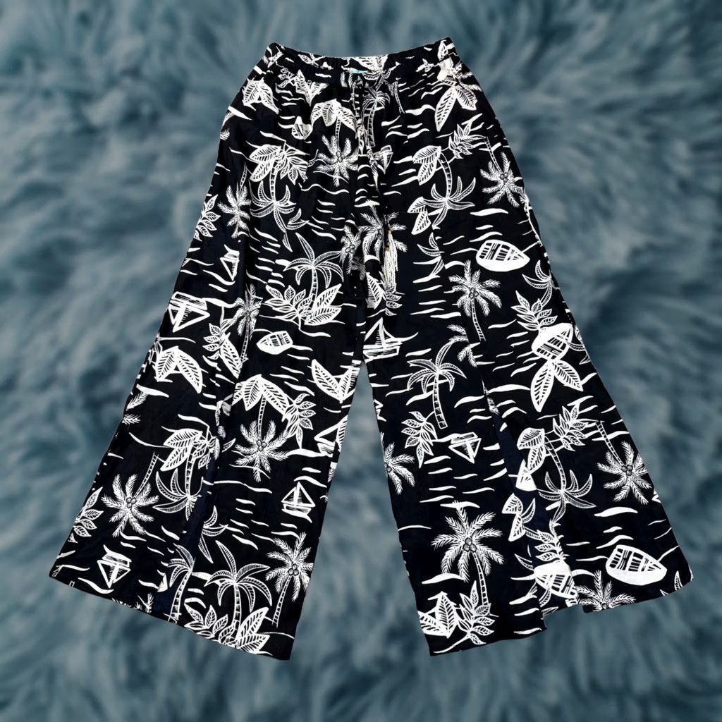 Vintage VINTAGE? NO — True Destinations Tropical Palm Tree Print Wide Leg Rayon Pants Black L Size 36" / US 14 / IT 50 - 1 Thumbnail