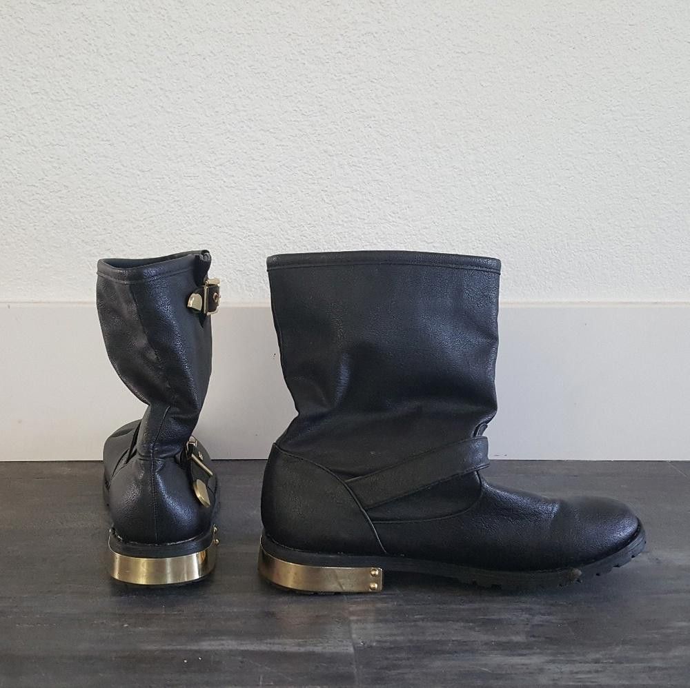 Designer Black Gold Detailed Moto Boots Size US 6 / IT 36 - 3 Thumbnail