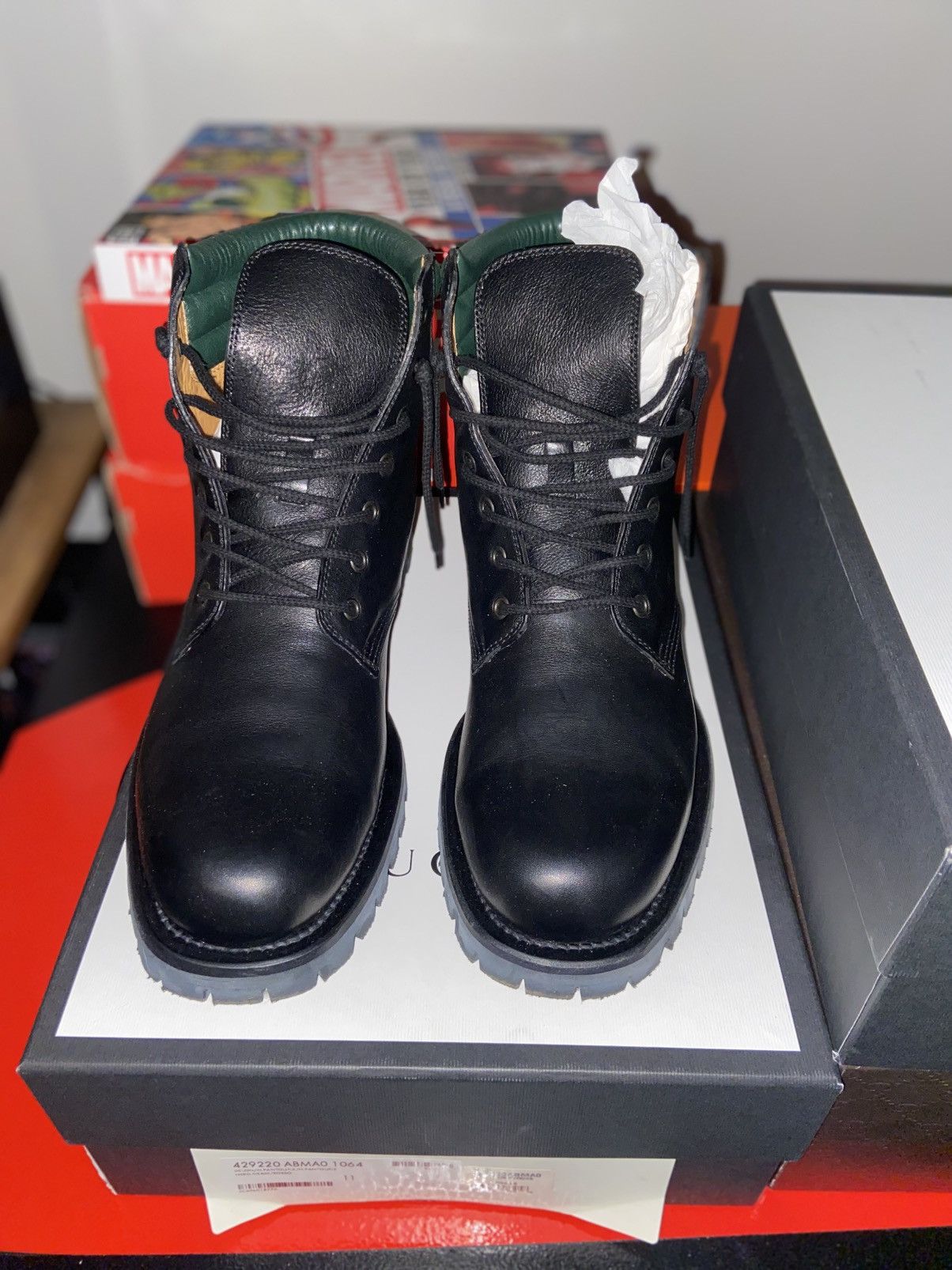 Gucci Gucci Black Leather Hiking Boots (Web Stripe Collar) Size US 11 / EU 44 - 2 Thumbnail