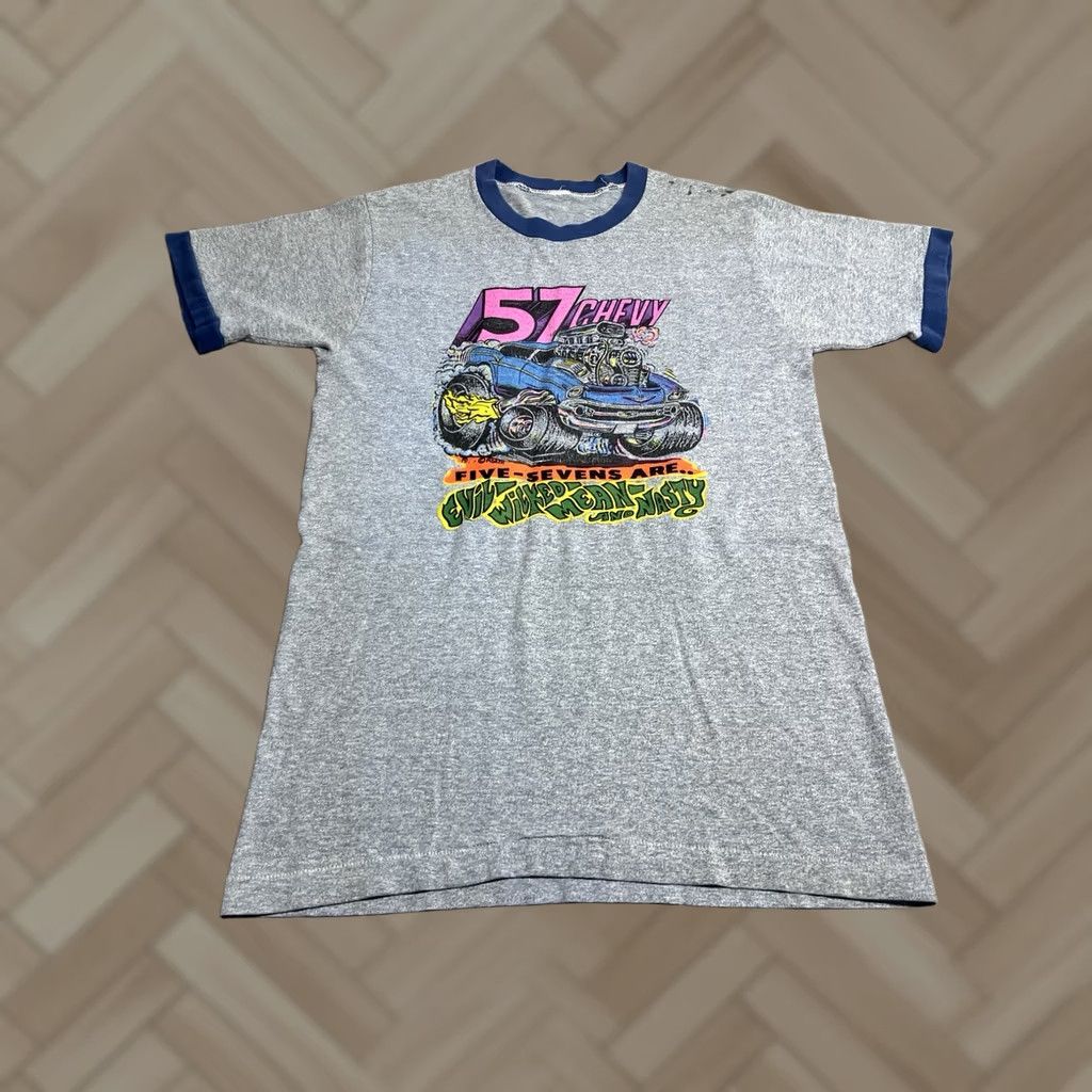 Vintage Vintage 57 Chevy Evil Wicked Mean Nasty Ringer Tee Hot Rod Graphic T-Shirt M Gray Mens Short Sleeve Round Neck Cotton Size US M / EU 48-50 / 2 - 1 Thumbnail