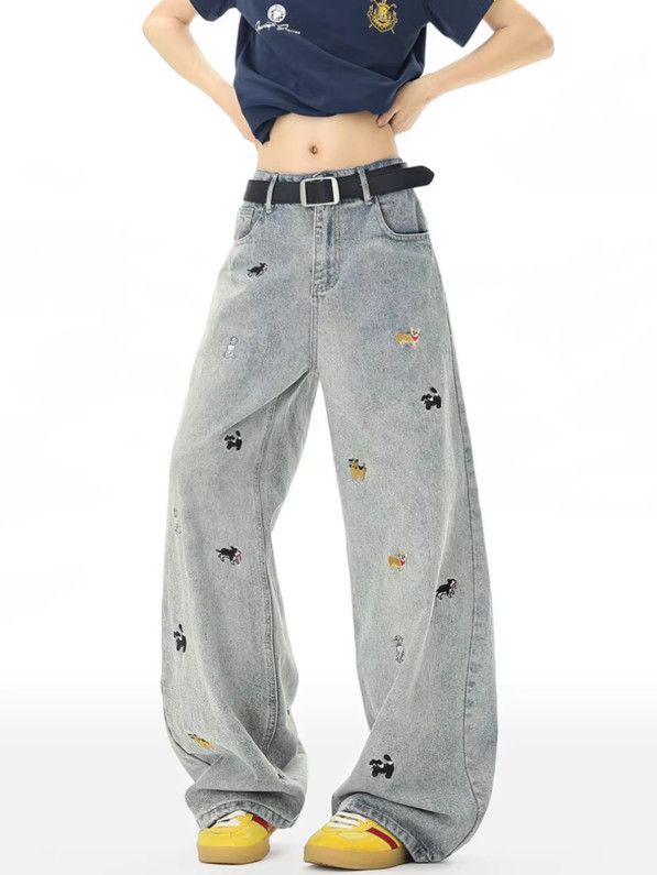 Japanese Brand Men's washed distressed wide-leg puppy embroidered jeans Size US 32 / EU 48 - 2 Thumbnail