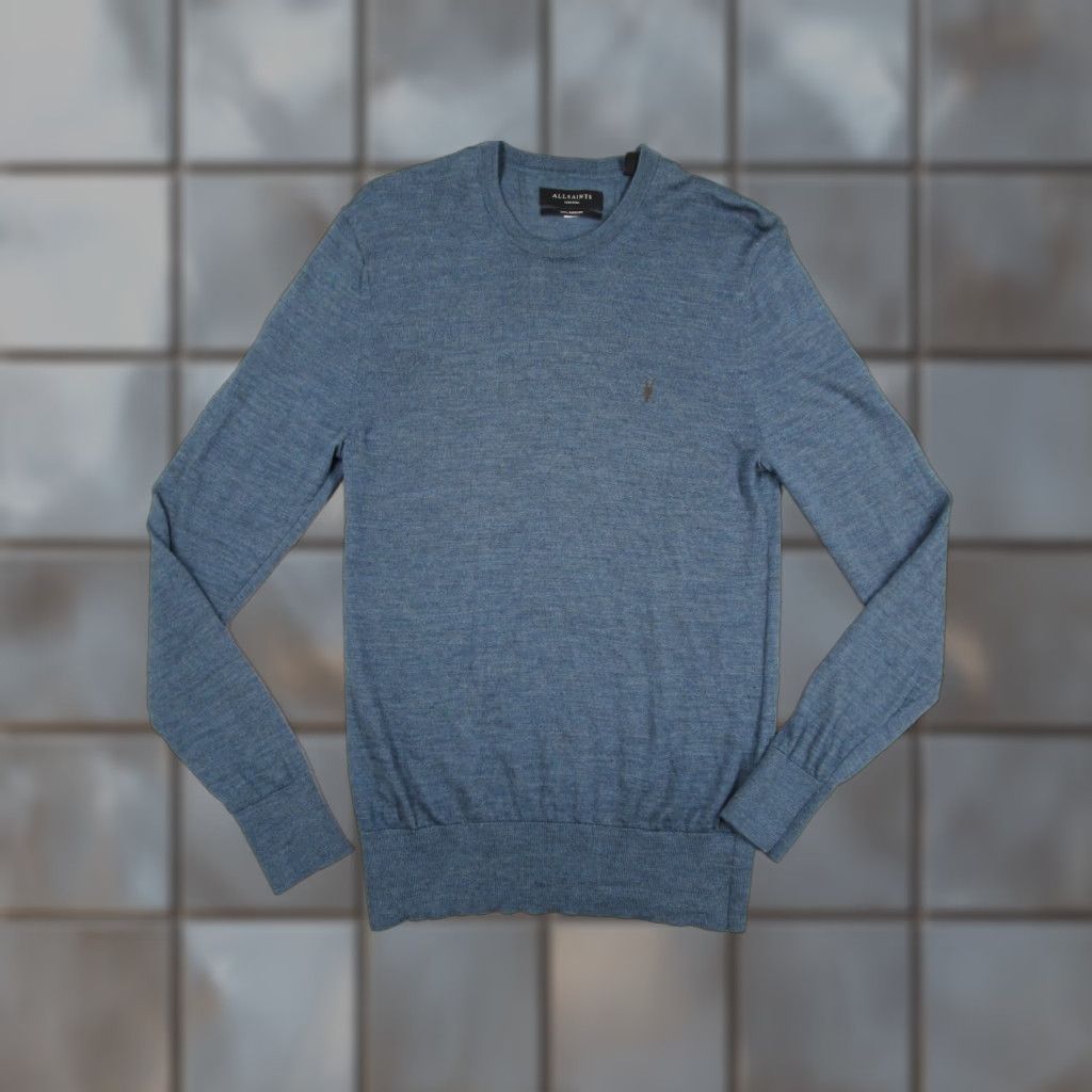 Allsaints AllSaints Sweater Mens Medium Blue Merino Wool Crew Pullover Knit with Ramskull Logo Size US M / EU 48-50 / 2 - 1 Thumbnail