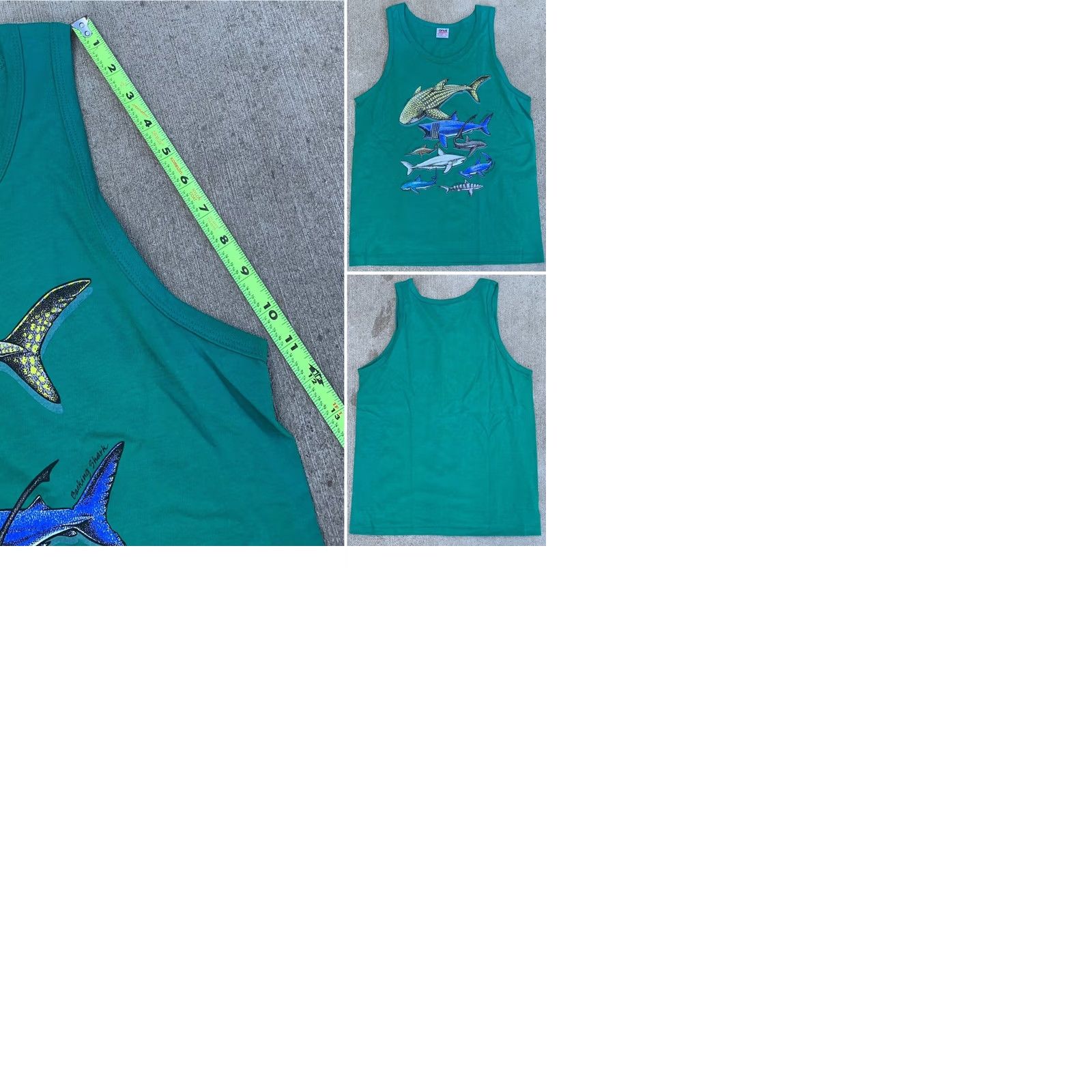 Anvil VINTAGE Shark Sharks Tank Top Made In USA M Medium Green 1990s Graphic Tee Mens Size US M / EU 48-50 / 2 - 9 Thumbnail