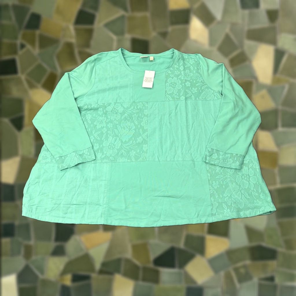 Vintage LOGO Lori Goldstein Life Shirt Womens 5X Green Lace Tunic Mixed Media Top Blouse Floral Sleeve Long Scoop Neck Plus Size Womens Size XXL / US 16-18 / IT 52-54 - 1 Thumbnail