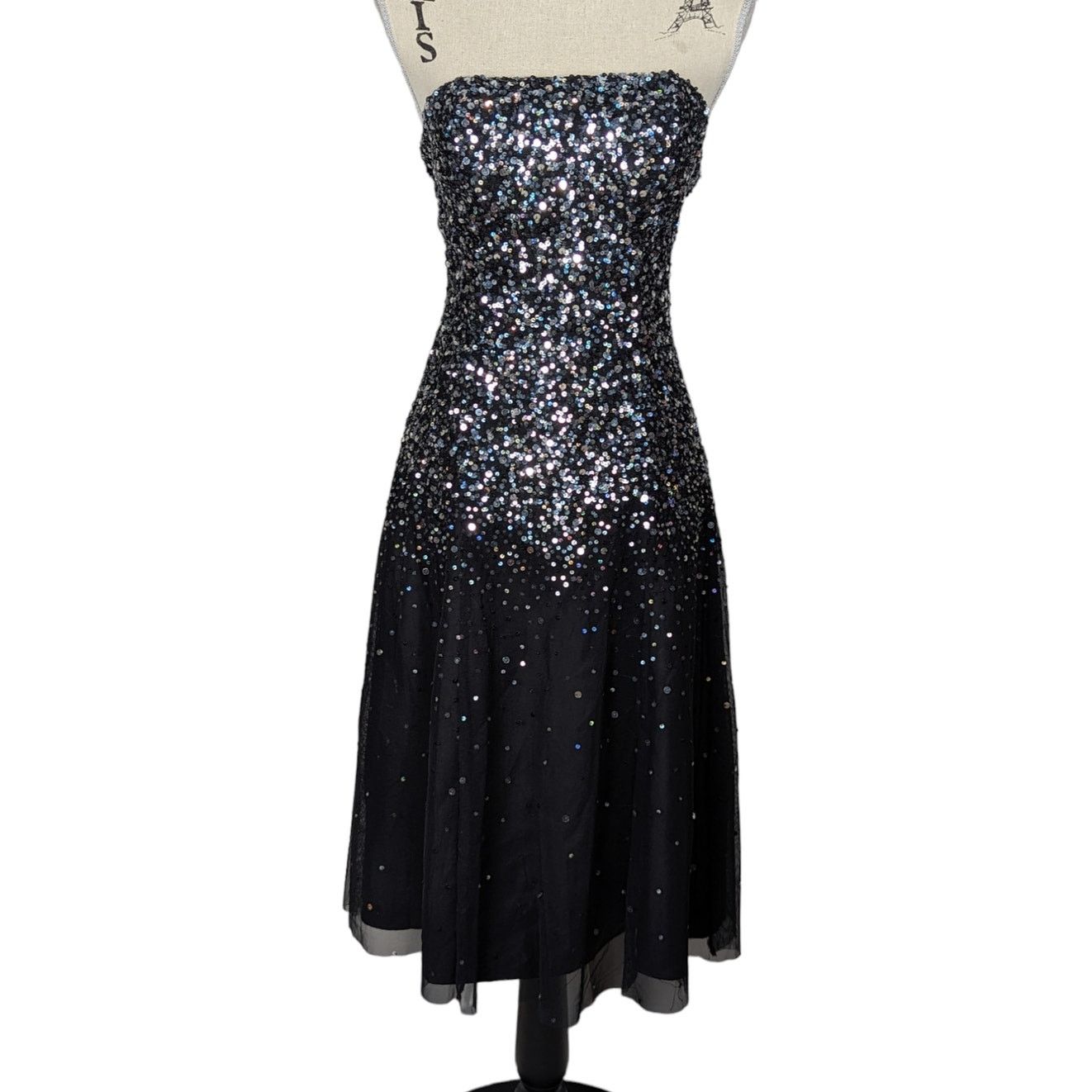 image of Vintage Scala Strapless Sequin Tulle Fit And Flare Cocktail Dress in Black, Women's (Size Small)