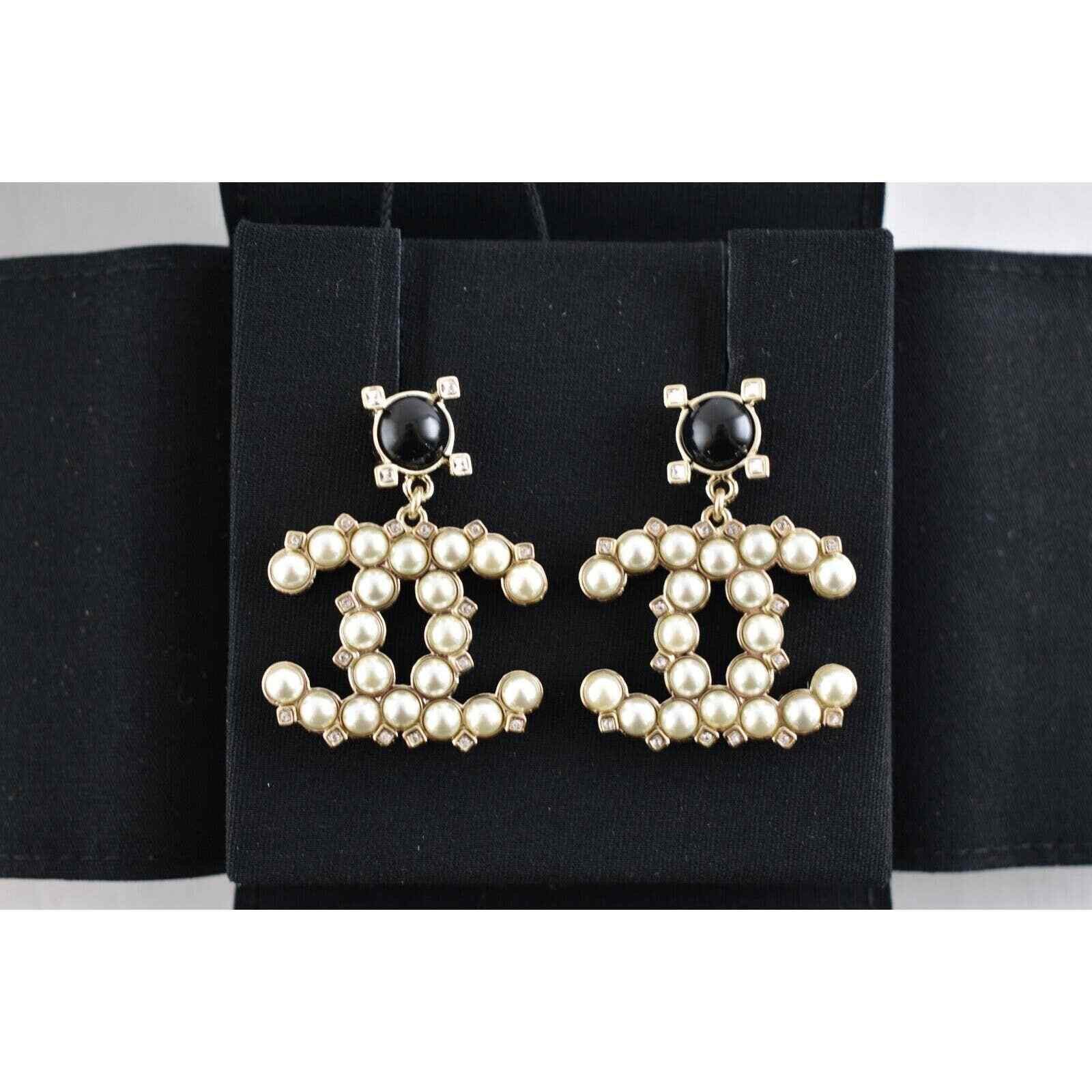 Chanel Chanel Gold Black Crystal Pearl Dangle Statement Earrings Size ONE SIZE - 6 Thumbnail
