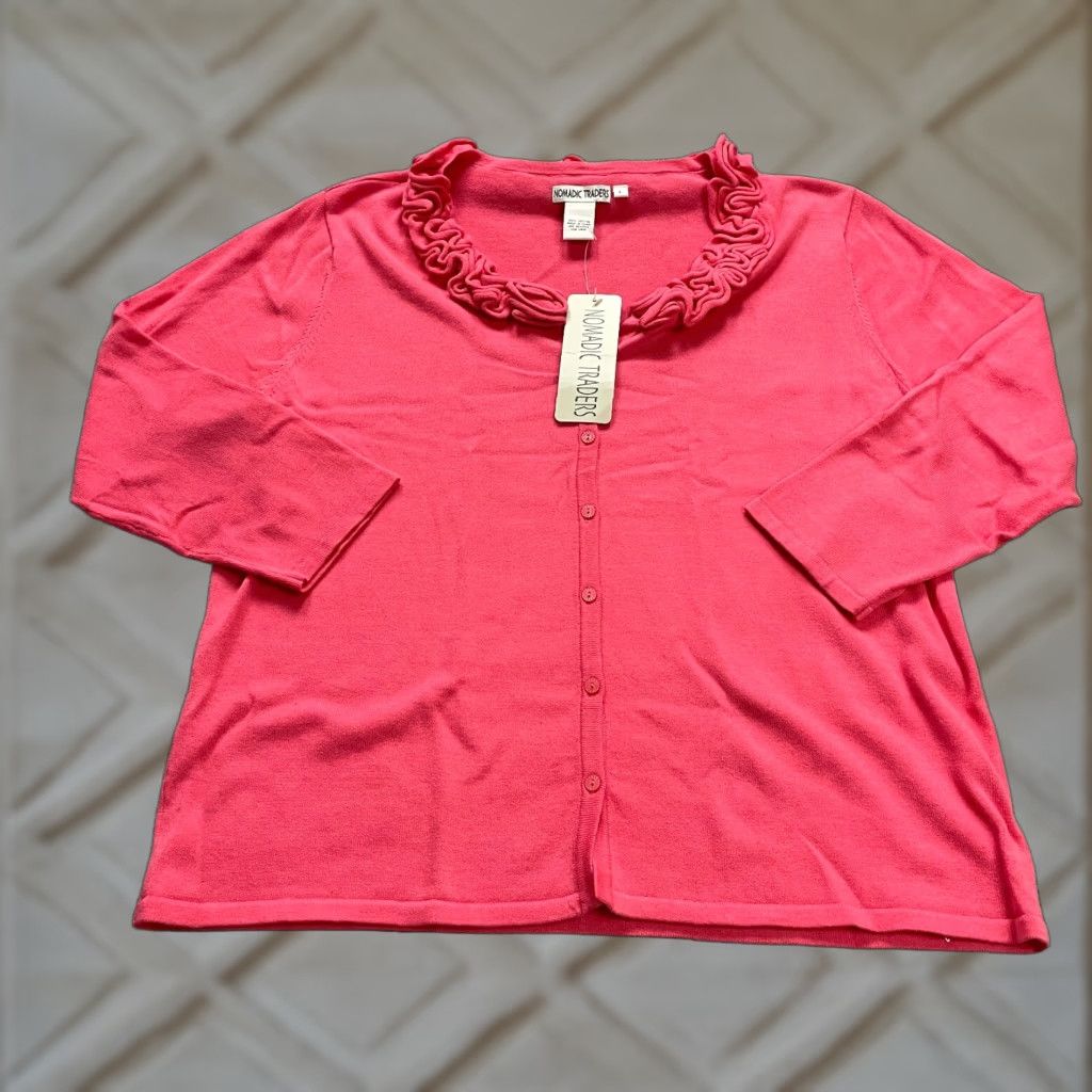 Pinko Normadic Traders Cardigan Sweater Women Large Pink Knit Button Down Round Neck Long Sleeve Cotton Lightweight Breathable Regular Fit Size L / US 10 / IT 46 - 1 Thumbnail