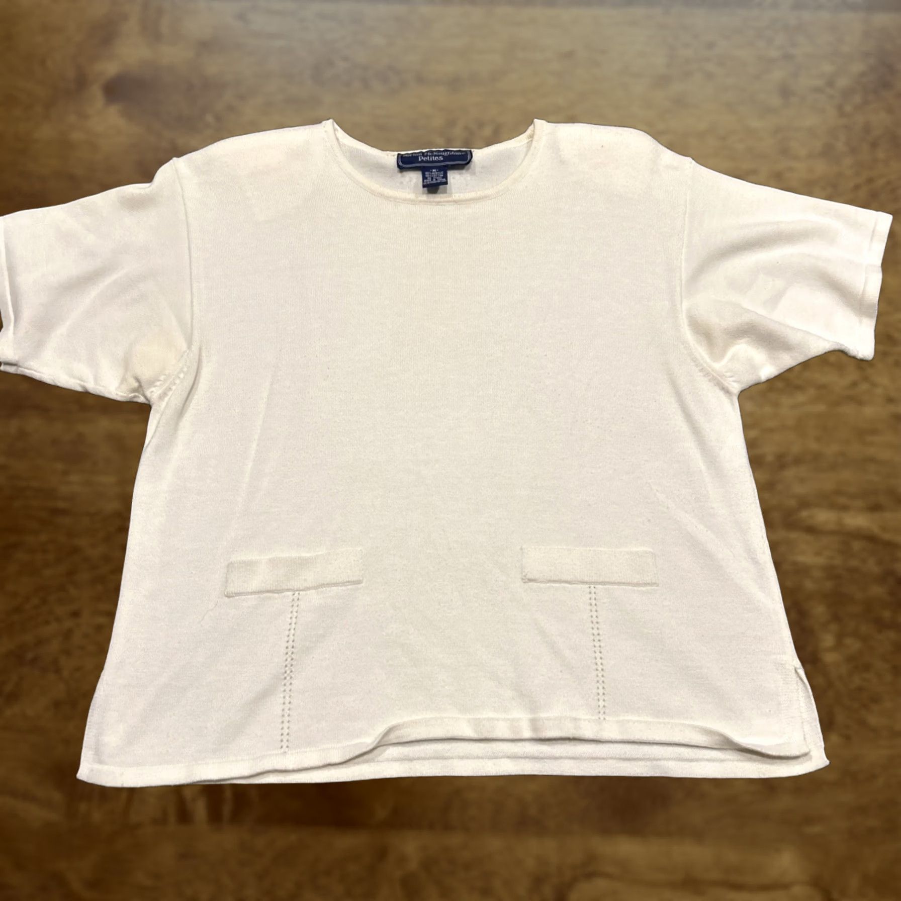 Vintage Norton McNaughton Women’s PM White Blouse Acrylic Blend PM Petite Regular Short Sleeve Round Neck Shirt 90s Womens Size M / US 6-8 / IT 42-44 - 1 Thumbnail