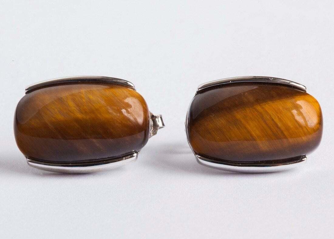 Designer Sterling Silver Oval Cabochon Tiger Eye Earrings Size ONE SIZE - 1 Thumbnail