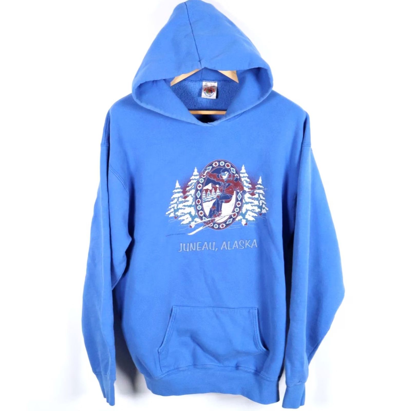 Fruit Of The Loom VINTAGE 90s Juneau Alaska Ski Hoodie Mens XL Blue Pullover Sweatshirt Heavy Cotton VTG Size US XL / EU 56 / 4 - 2 Thumbnail
