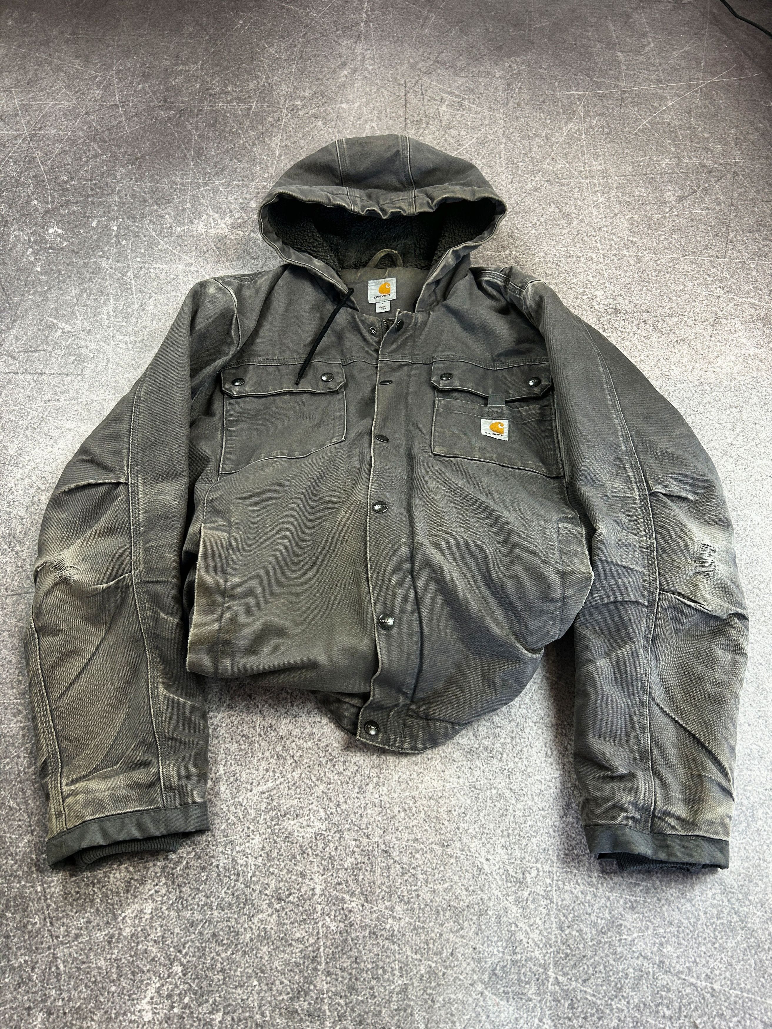 Carhartt Carhartt Hooded Duck Canvas Work Jacket Faded Distressed Size US L / EU 52-54 / 3 - 3 Thumbnail