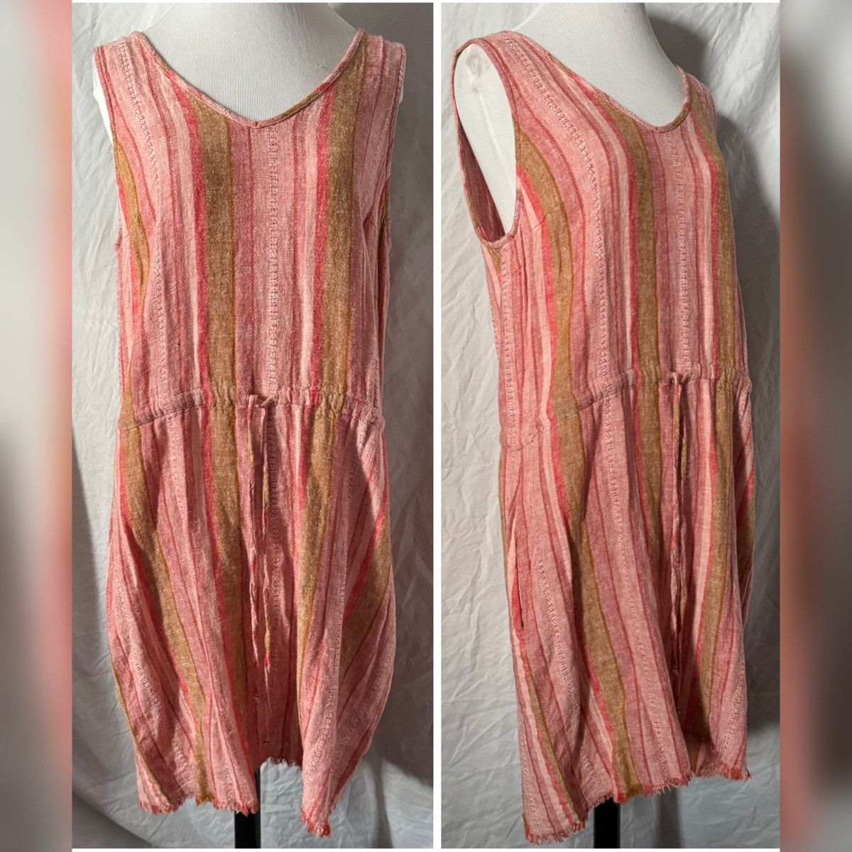 Anthropologie × Drew DREW Red Nat Dobby, Striped, Drawstring Linen Dress Size L / US 10 / IT 46 - 3 Thumbnail