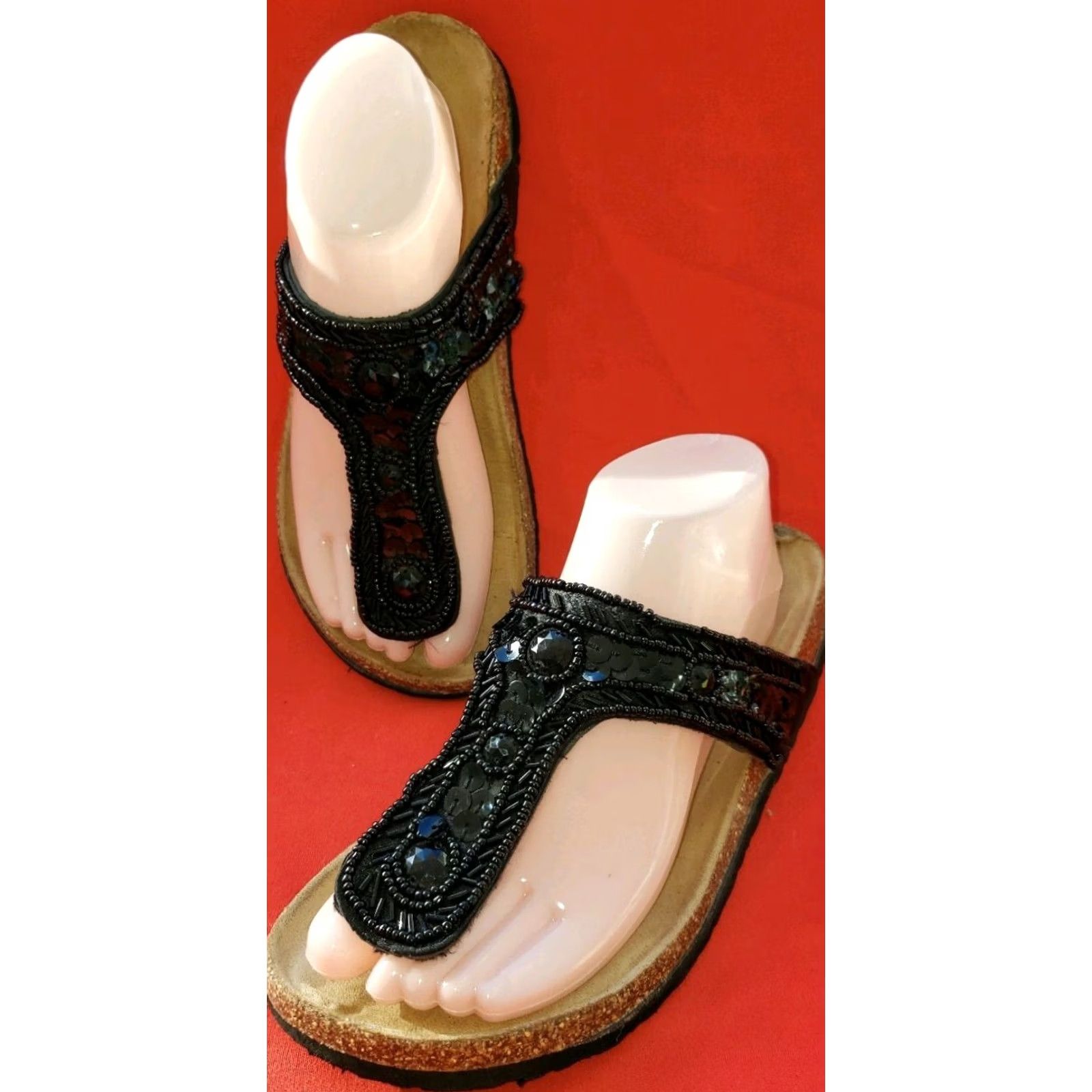 Vintage Women's Black Sandal Size 7-7.5M Toe Post With Sequins And Beads Size US 7.5 / IT 37.5 - 2 Thumbnail