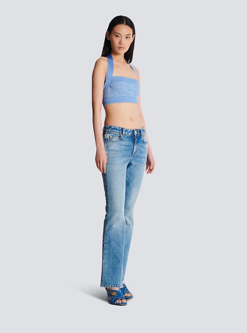 Balmain o1s1wg111225 Knit Halterneck Top With Monogram in Blue Size XL / US 12-14 / IT 48-50 - 3 Thumbnail