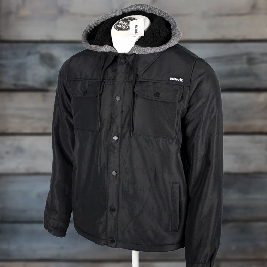 Hurley Hurley Men's Ostrom Bomber Jacket Hooded M Medium Black Sherpa Lined Snap Button Size US M / EU 48-50 / 2 - 1 Thumbnail