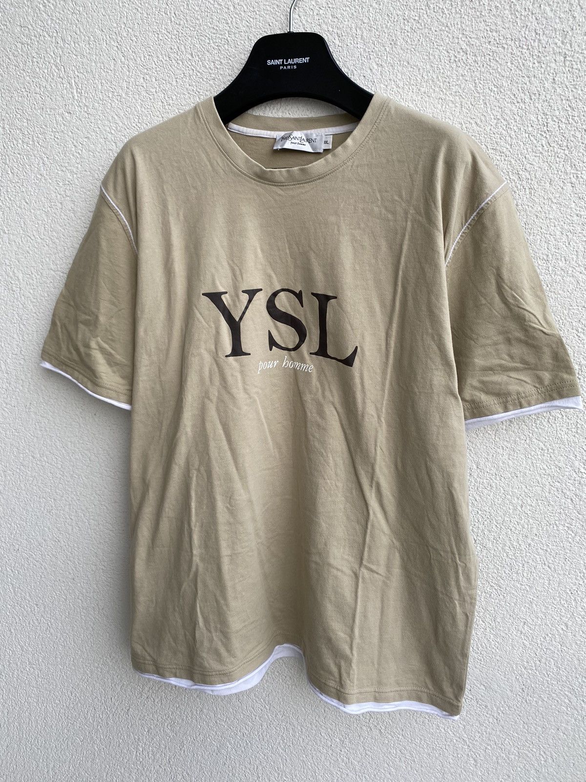 image of Vintage x YVES Saint Laurent Beige YSL T-Shirt Big Logo YSL Shirt in Beige White, Men's (Size XL)