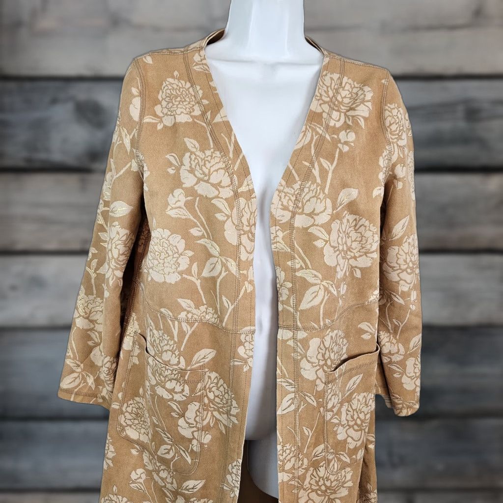 Vintage Solitaire Womens Faux Suede Jacket Small Tan Gold Floral Open Front Size S / US 4 / IT 40 - 1 Thumbnail
