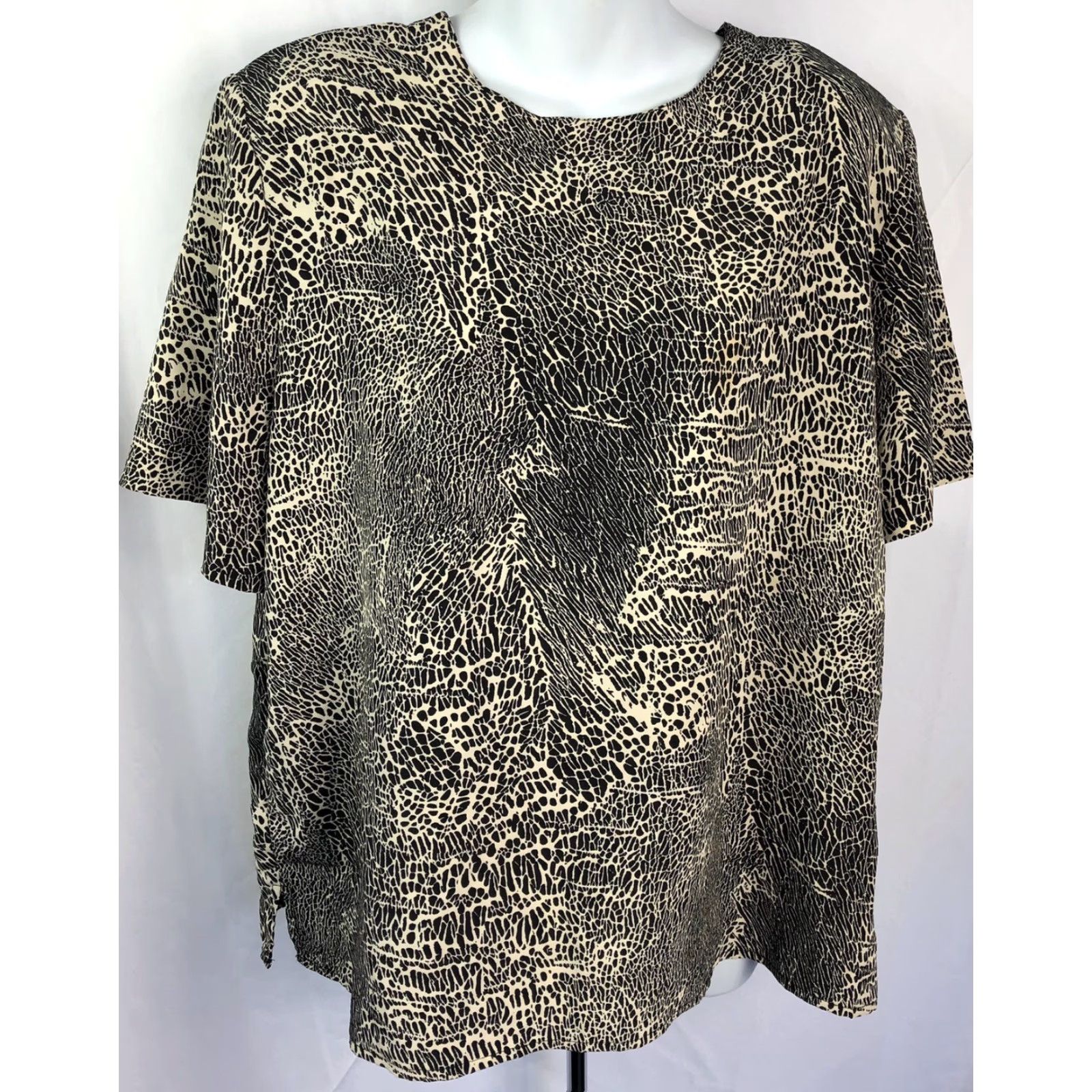 Vintage Kathy Che Top Blouse L Tan Black Print Scoop Neck Short Sleeves Boho Y2K Animal Abstract Shirt Womens Size L / US 10 / IT 46 - 5 Thumbnail