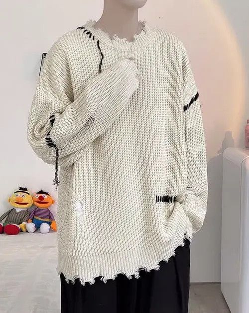 VIBE Korean fashion beige distressed knit sweater knitwear Size US L / EU 52-54 / 3 - 6 Thumbnail