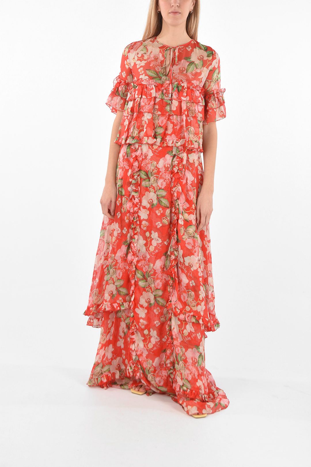 Philipp Plein og1mm0824 Floral Patterned Silk Ruffles Maxi Dress Size M / US 6-8 / IT 42-44 - 1 Thumbnail