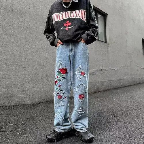 VIBE hiphop three-dimensional rose embroidery ins jeans Size US 30 / EU 46 - 4 Thumbnail