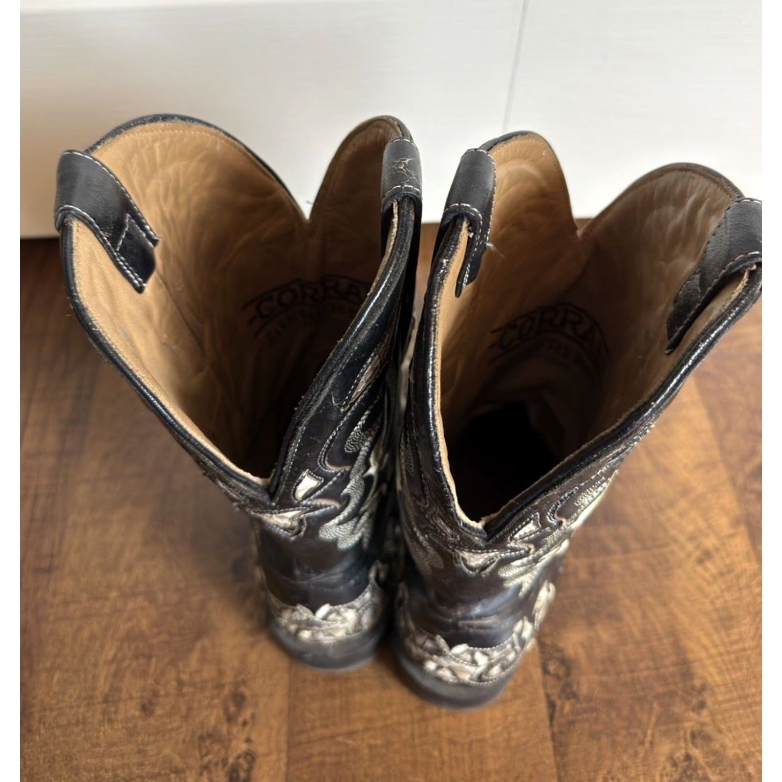 Skin Corral Exotic Python Skin Inlay Western Boot Square Toe Black US 8.5D Mens Leather western Cowboy Boot Size US 9 / EU 42 - 7 Thumbnail