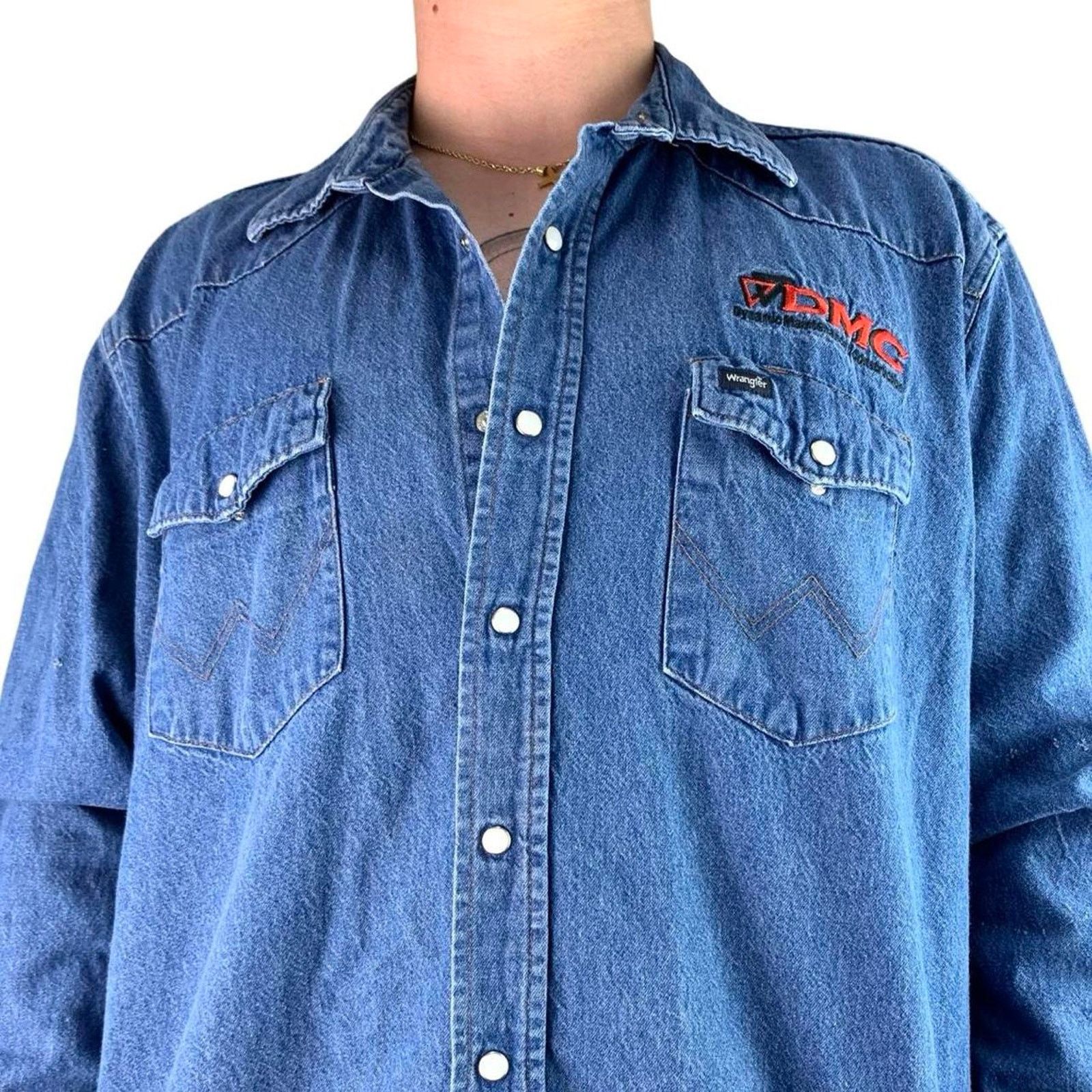 Vintage × Wrangler 90s Wrangler Pearl Snap Embroidered Denim Button Up Shirt Size US XXL / EU 58 / 5 - 1 Thumbnail