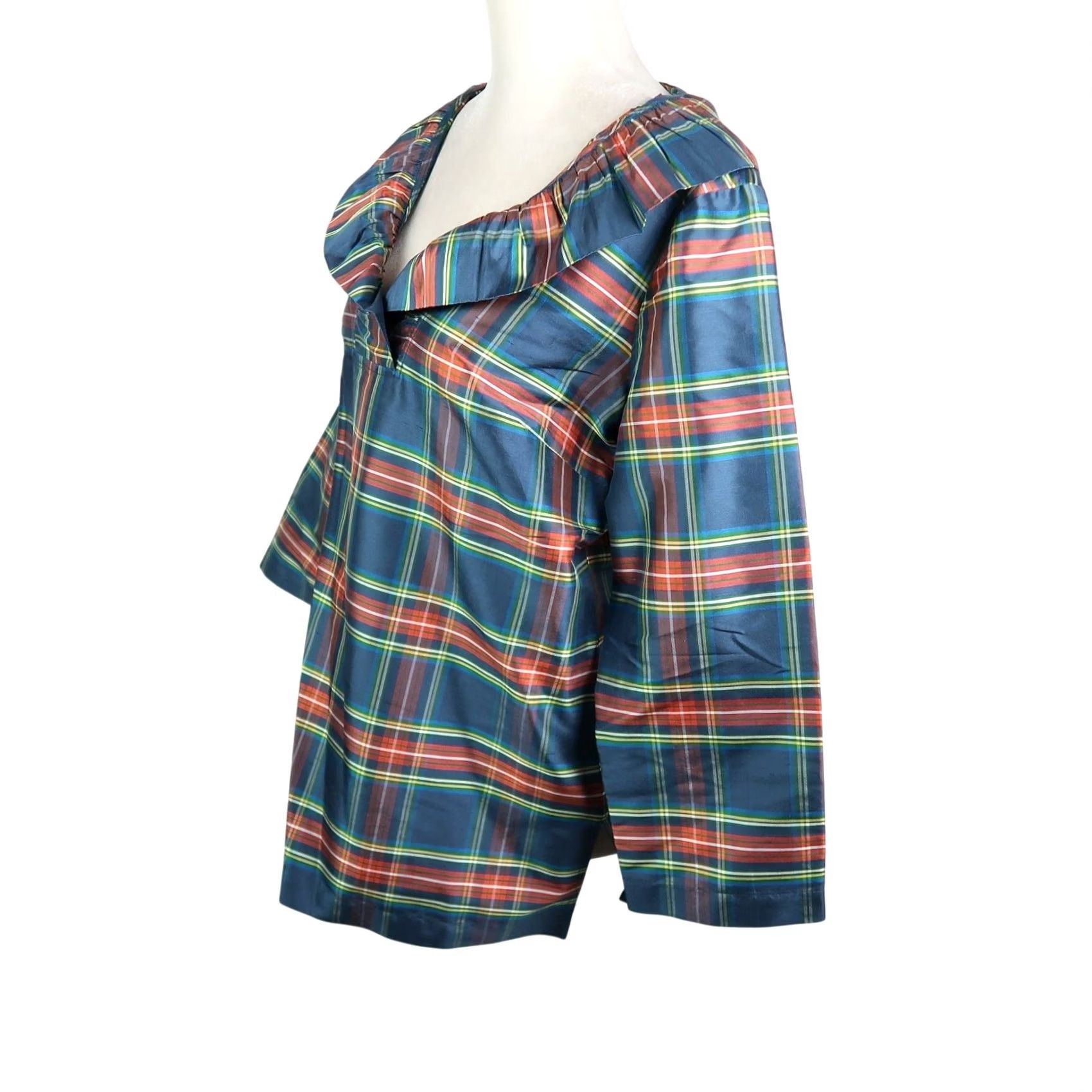 Vintage Devon Baer Stewart Plaid Silk Taffeta Ruffle Top M Navy Blue Women Size M / US 6-8 / IT 42-44 - 3 Thumbnail