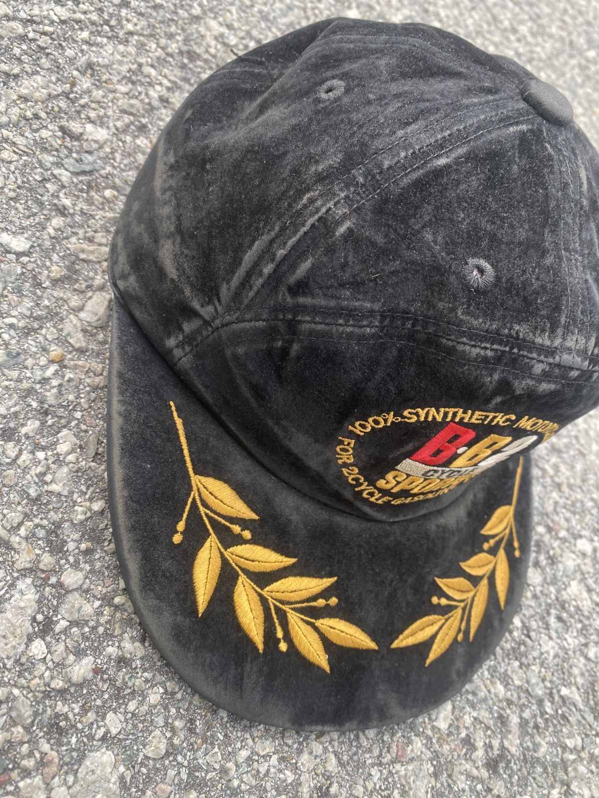 Japanese Brand Very Rare 1990s Motorsport Distressed Black Velvet Cap Size ONE SIZE - 4 Thumbnail