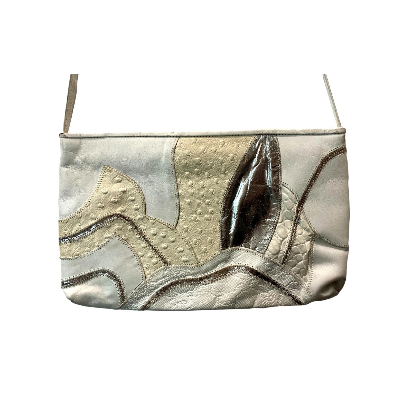 Genuine Leather × Vintage 80s White & Silver Leather Mixed Up Patchwork Shoulder Bag Size ONE SIZE - 11 Thumbnail