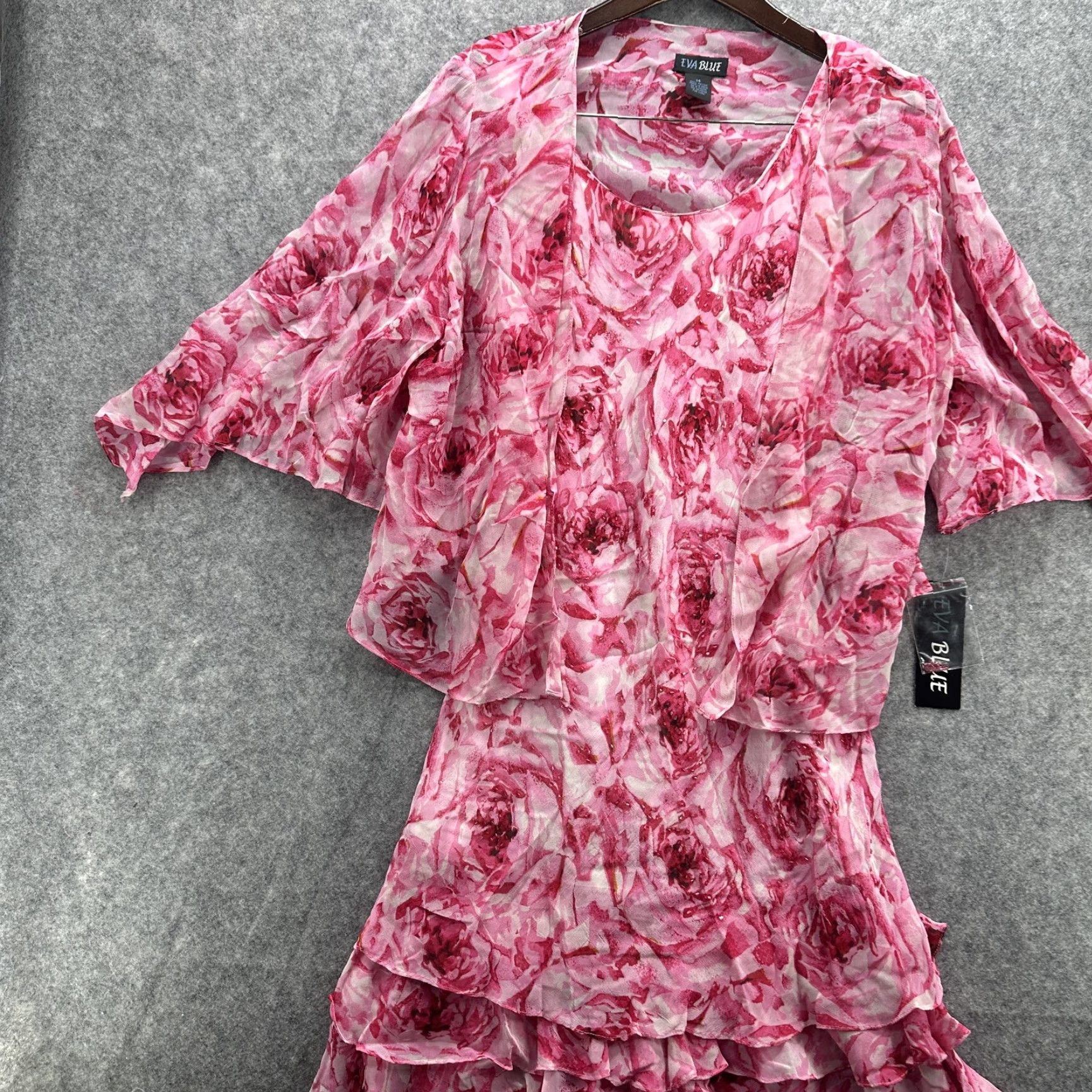 Vintage VINTAGE y2k Eva Blue Dress Jacket Set Womens 14 Pink Floral Ruffle Tiered Beaded Size XL / US 12-14 / IT 48-50 - 4 Thumbnail