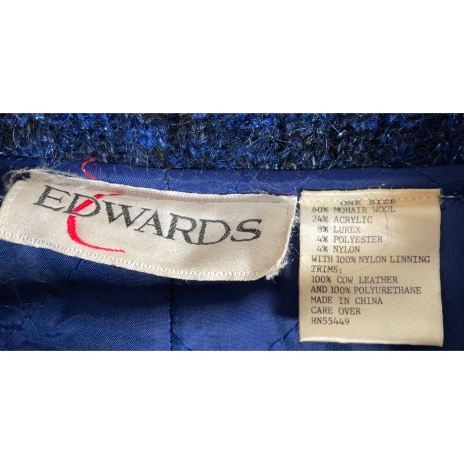 Vintage VINTAGE Edwards Cardigan Women's One Size Blue Mohair Oversized Shawl Collar Leather Trim Knitted Casual 90s Style Size ONE SIZE - 3 Thumbnail