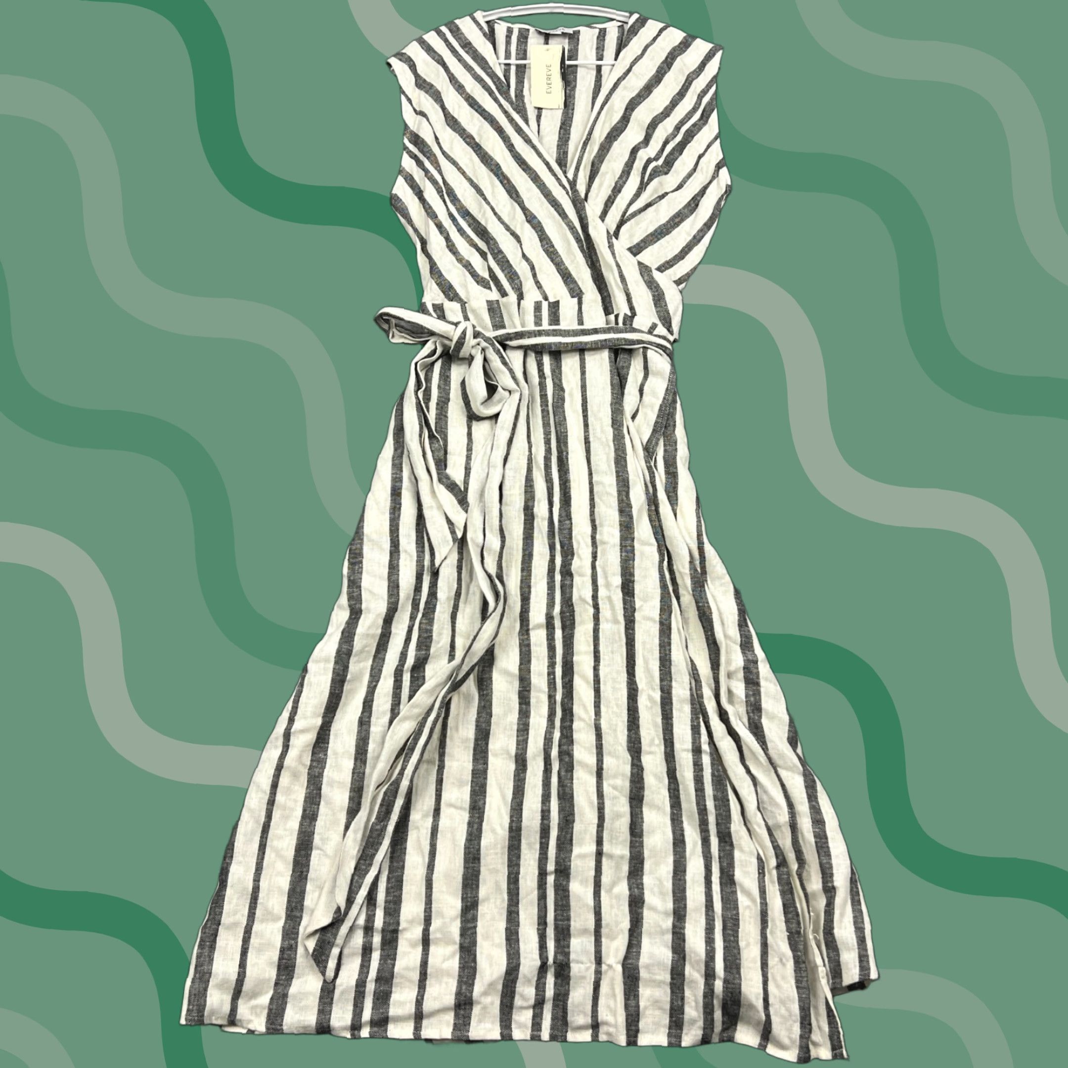 VINTAGE? No. EVER Eve Clara Wrap Dress Women\'s L White Striped Linen  V-Neck Tie Midi - ilac.rochib.com