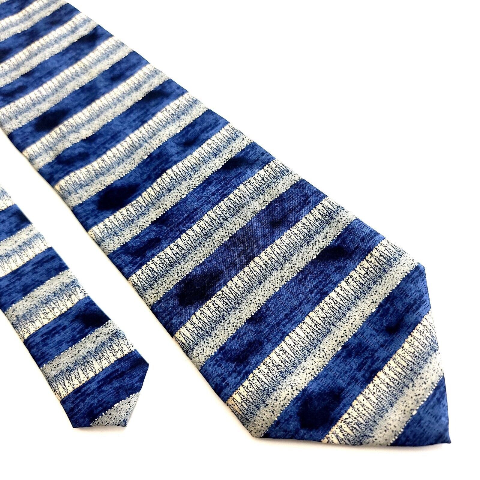Designer Geoffrey Beene Blue Tan Abstract Print Striped Wide Silk Tie Size ONE SIZE - 1 Thumbnail