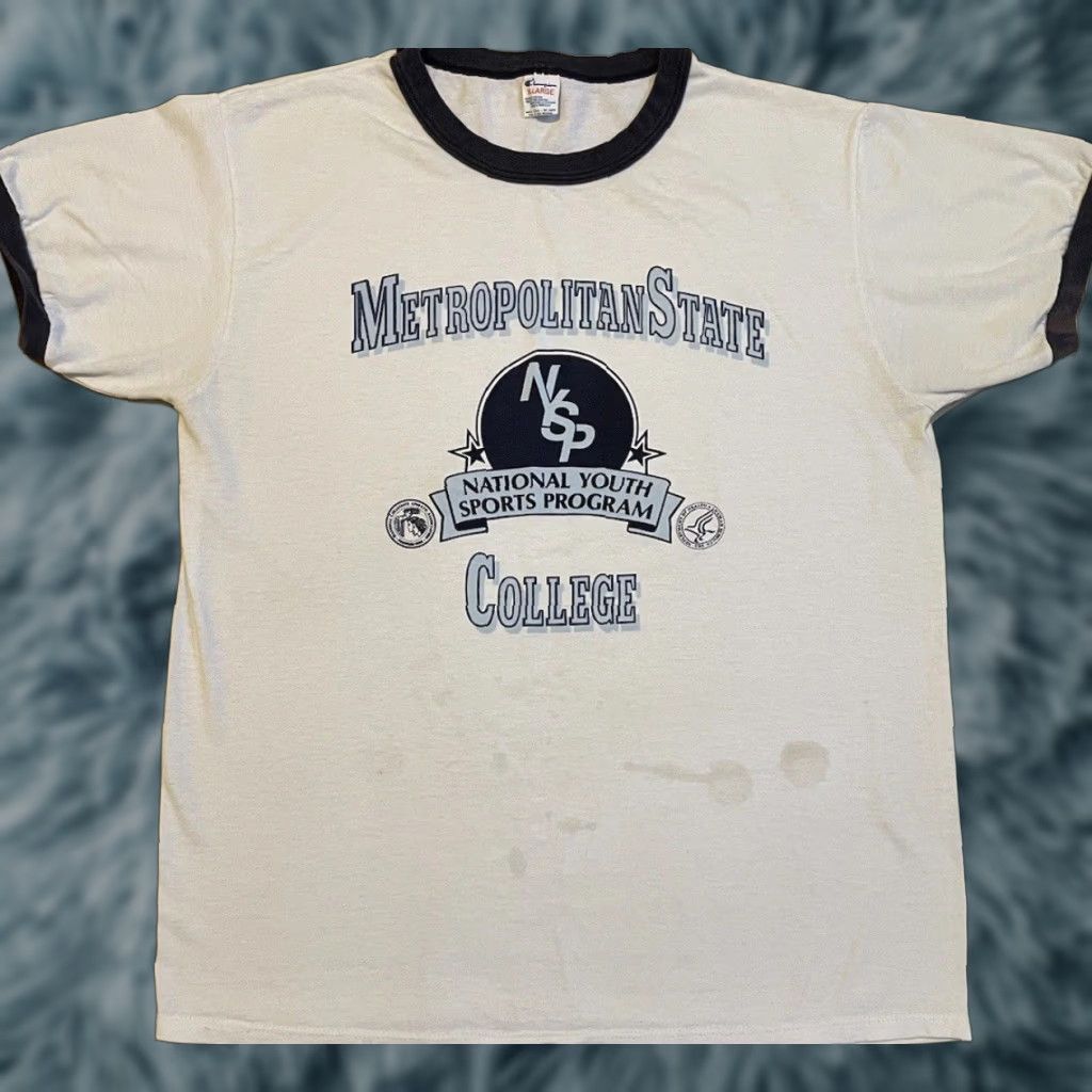 Champion VINTAGE Champion Metropolitan State College Faded Ringer Shirt M White United States 80s 90s Grunge Vintage Sports University USA College Shirt Mens Size US M / EU 48-50 / 2 - 1 Thumbnail