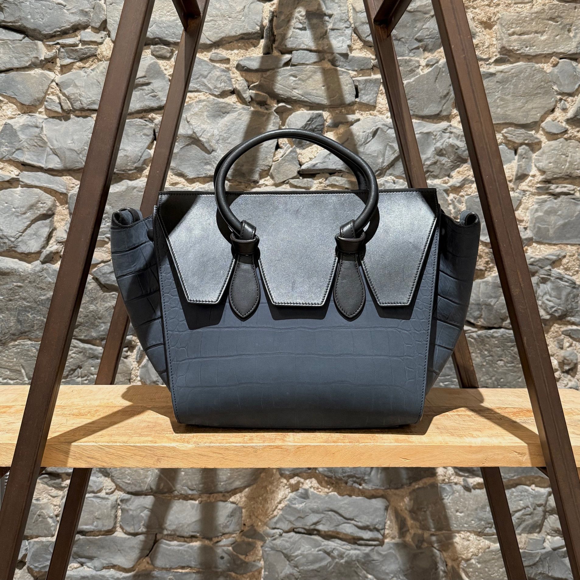Celine Céline Midnight Blue Croc Embossed Small Tie Knot Tote Size ONE SIZE - 1 Thumbnail