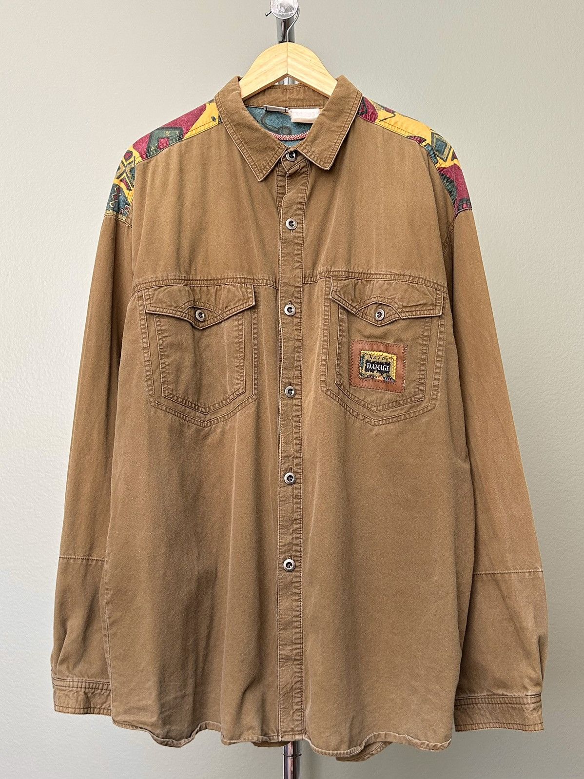 image of Vintage 90’S Major Damage Button Up Shirt Stitched Leather Patch in Brown, Men's (Size 2XL)