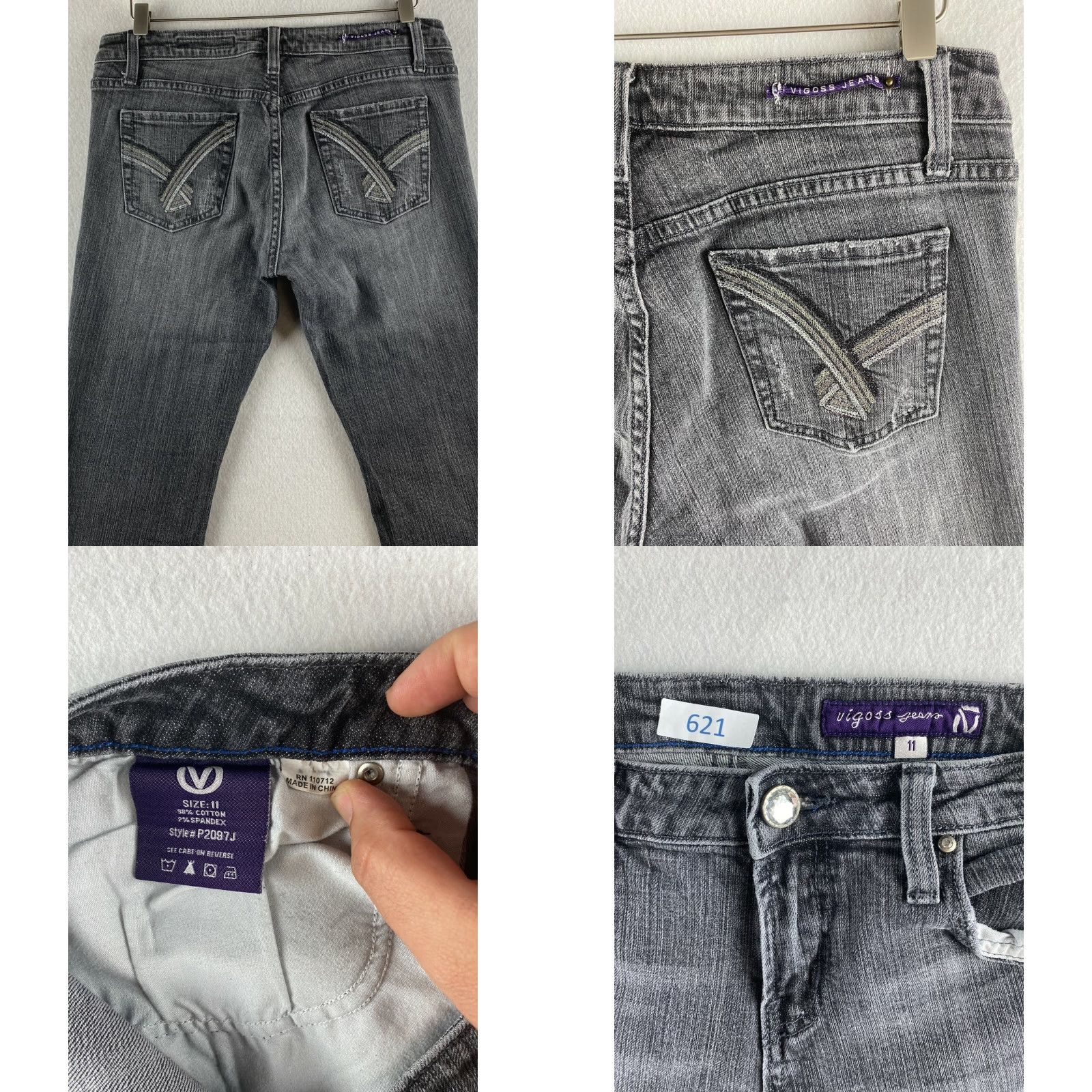 Vintage VIGOSS Jeans Womens 11 34 x 31 Gray Bootcut Stretch Denim Dark Wash Distressed Size 24" / US 00 / IT 34 - 8 Thumbnail