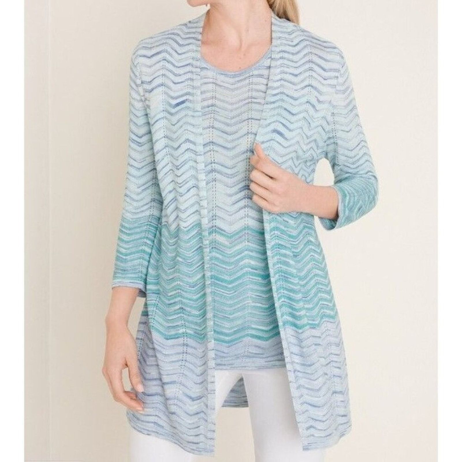 Chicos Chico's Womens Wavy Striped Open Cardigan Duster 3/4 Sleeve Size S / US 4 / IT 40 - 1 Thumbnail