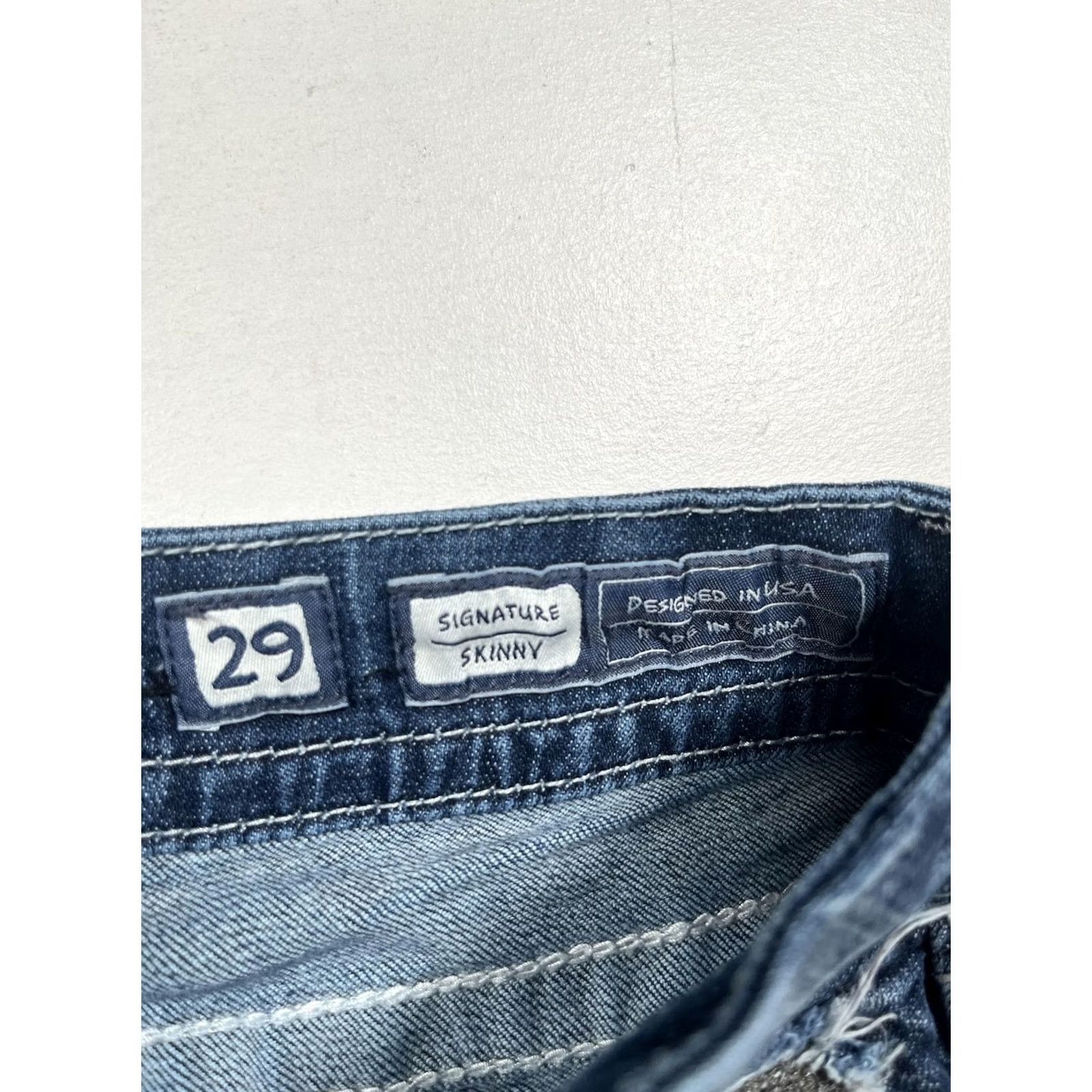 Miss Me Miss Me Jeans 29 Blue Signature Skinny Low Rise Distressed Rhinestone Jeans Size 29" - 3 Thumbnail