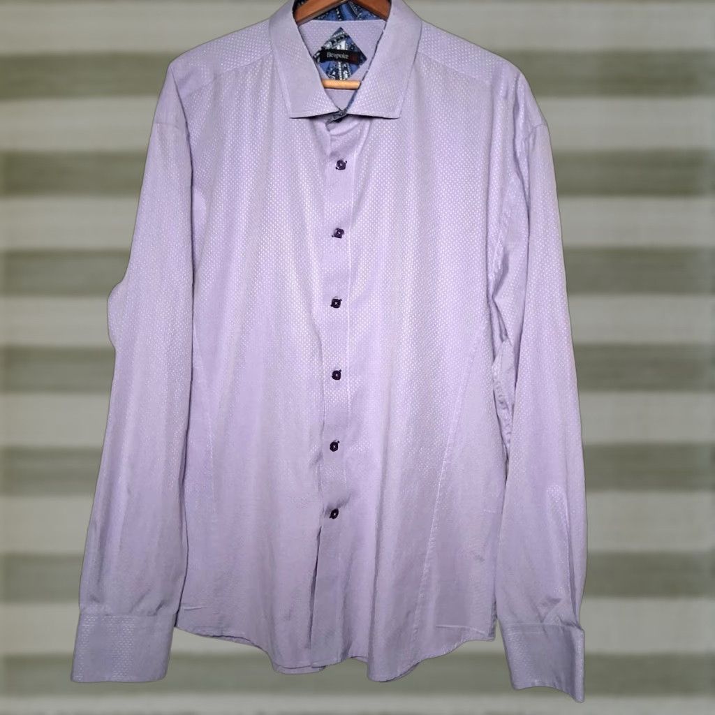 Vintage VINTAGE Beaspoke Dress Shirt Men 3XL Long Sleeve Lavender Purple Blue Paisley Flip Cuff Button Collar Spread Slim Big & Tall Mens Dress Shirt Size 48R - 1 Thumbnail
