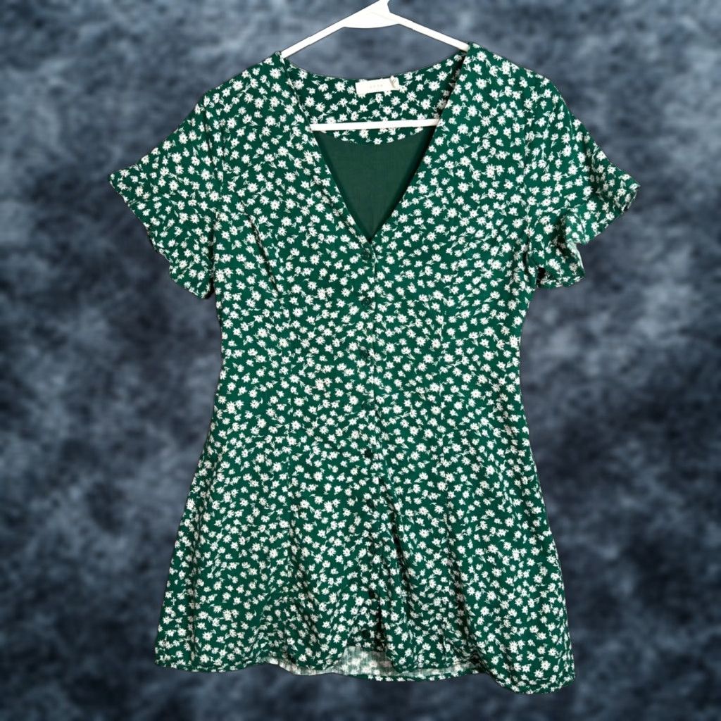 Vintage Lush Floral Short Sleeve Dress Womens Small V-Neck Green White Spring Summer Party Casual Lined Mini Size 28" / US 6 / IT 42 - 1 Thumbnail
