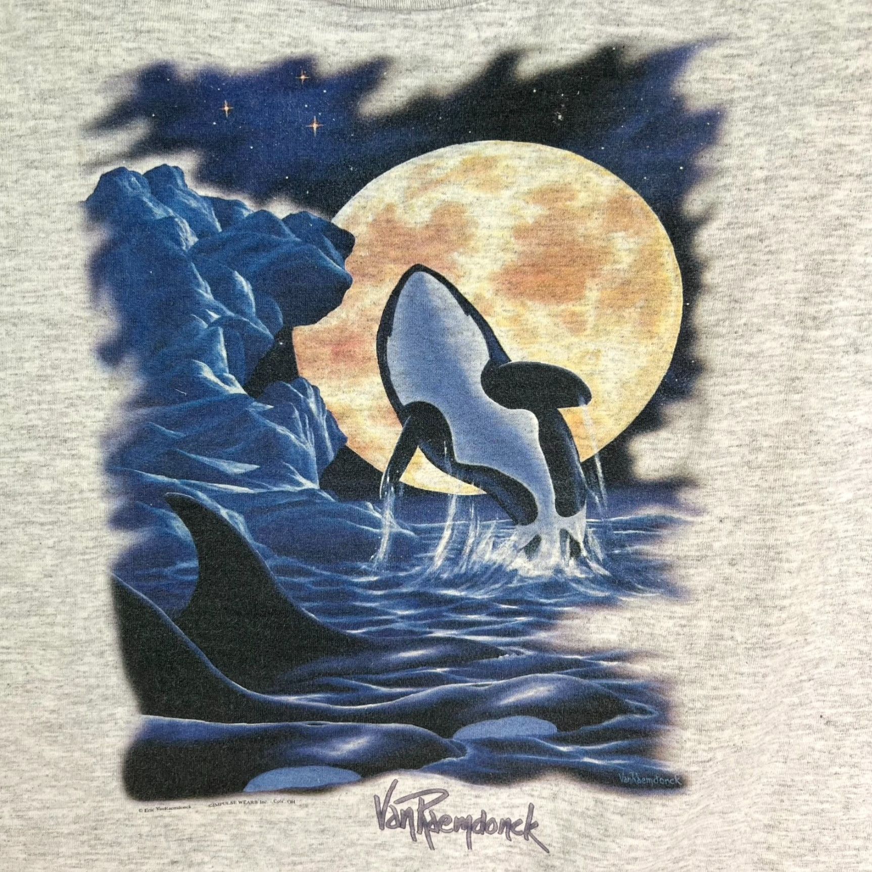 Jerzees VINTAGE Jerzees 2XL T-Shirt Gray Graphic Orca 90s Eric Van Raemdonck Art Limited Edition Mens Size US XXL / EU 58 / 5 - 3 Thumbnail