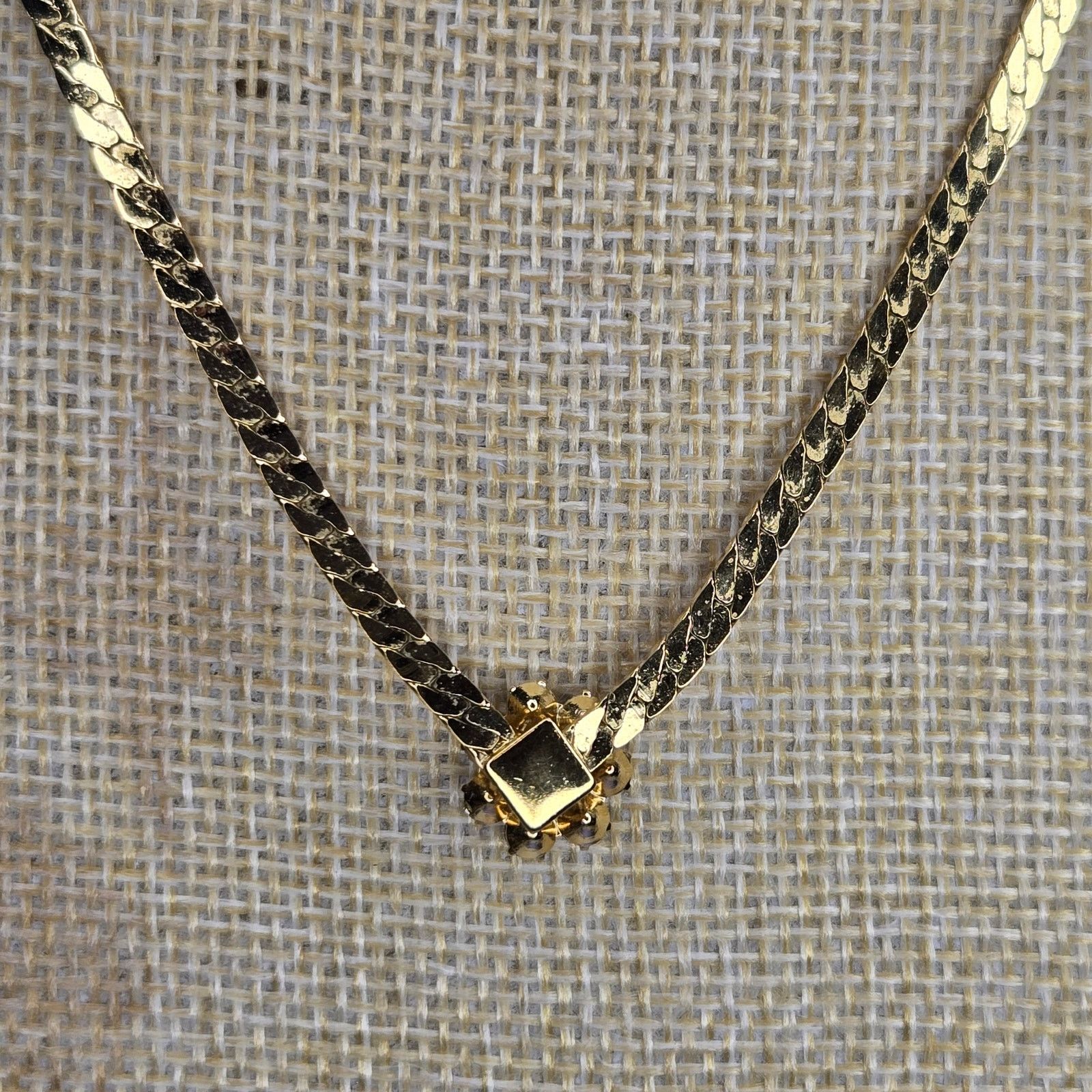 Vintage Vintage Gold Tone Rhinestone Flower Choker Herringbone Chain Size ONE SIZE - 13 Thumbnail