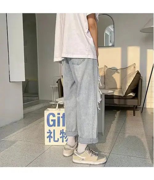 Anime × Jean Pants Light Blue Hole Jeans for Men Summer Fashion Size US 29 - 2 Thumbnail