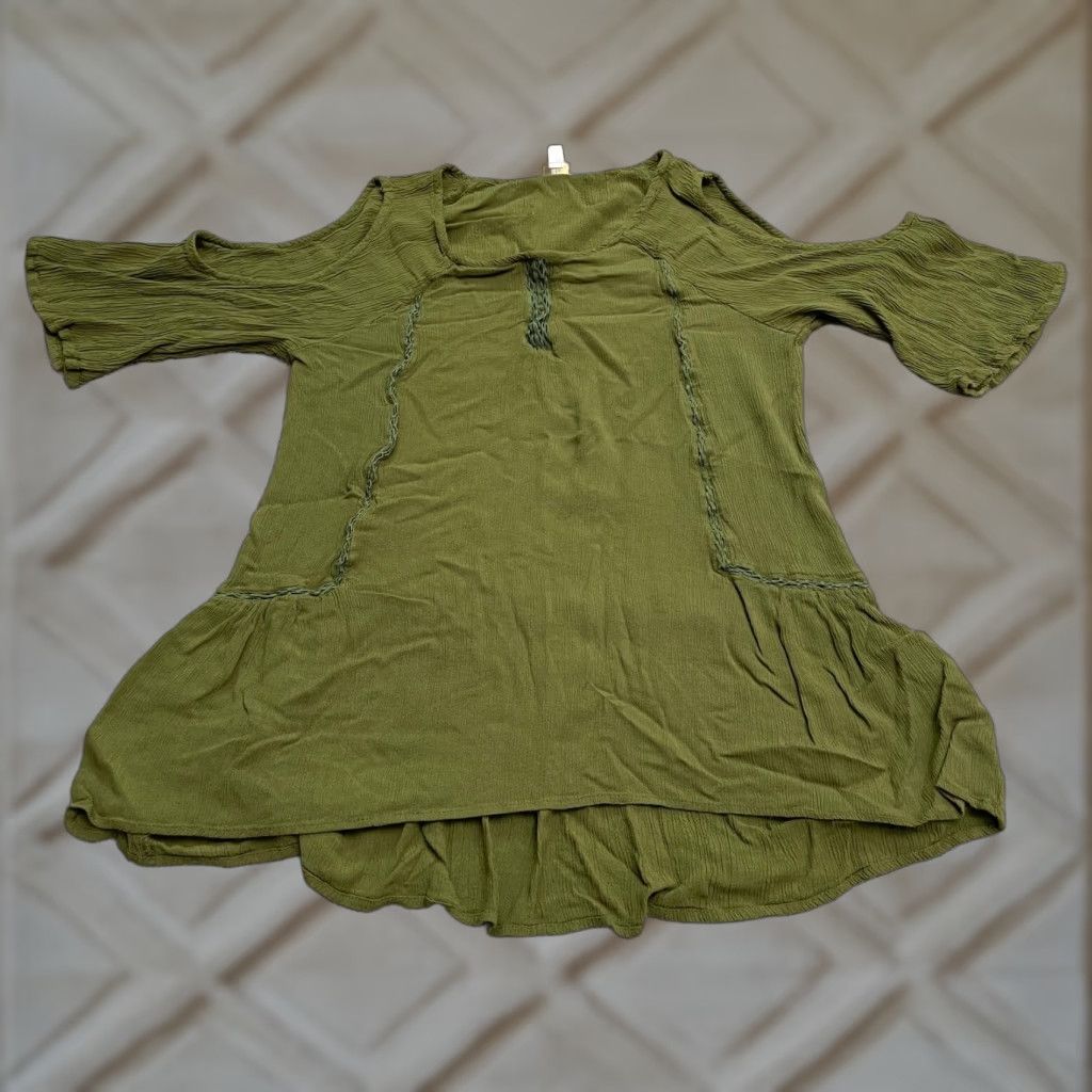 Vintage Cato Blouse Shirt Womens Large Green Embroidered Cold Shoulder Round Neck Tunic Size L / US 10 / IT 46 - 1 Thumbnail
