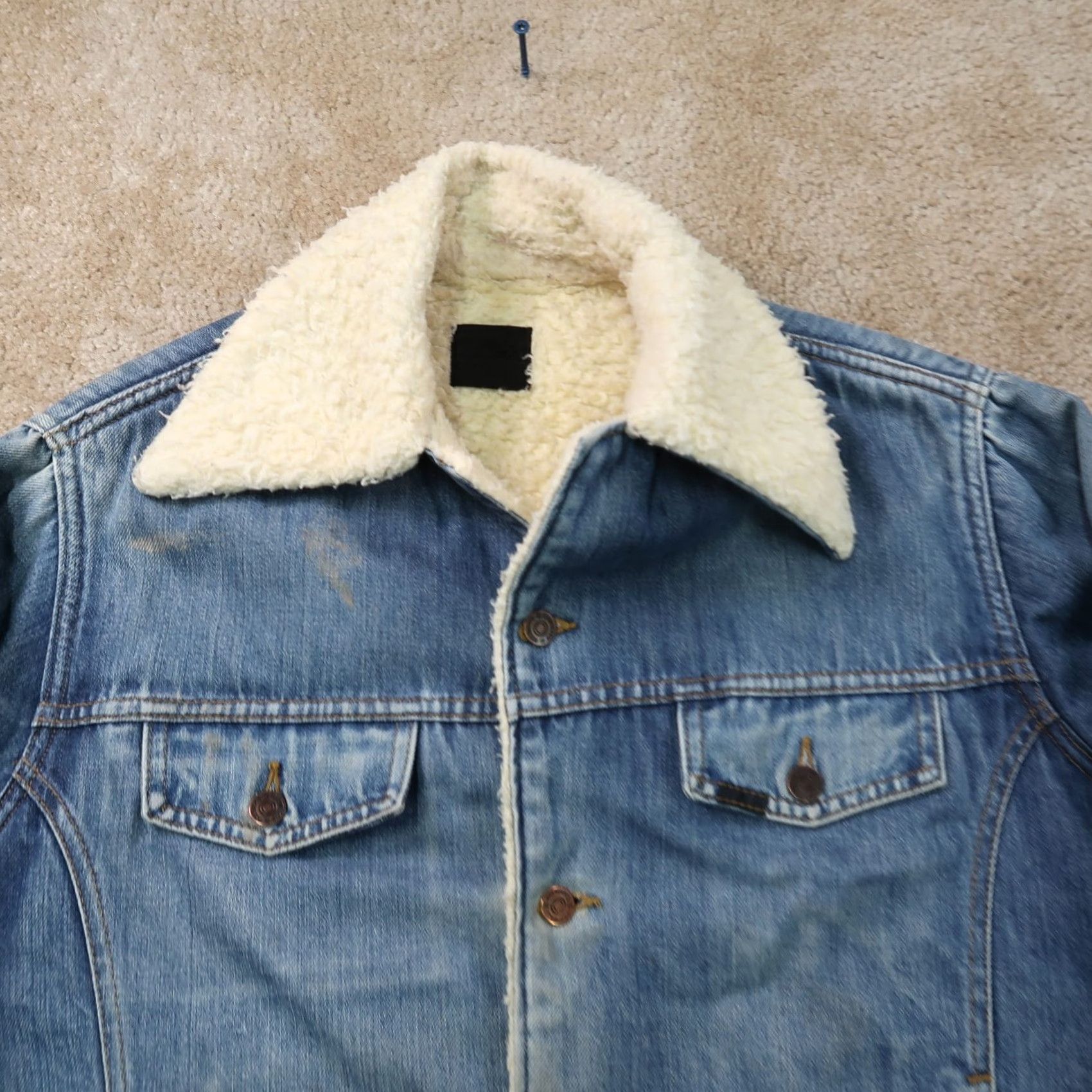 Sears VINTAGE Sears Roebucks Sherpa lined Trucker Coat Mens Large Distressed denim Jacket/Coat Denim Trucker Jacket Men Large Blue 90s/Classic Size US L / EU 52-54 / 3 - 7 Thumbnail