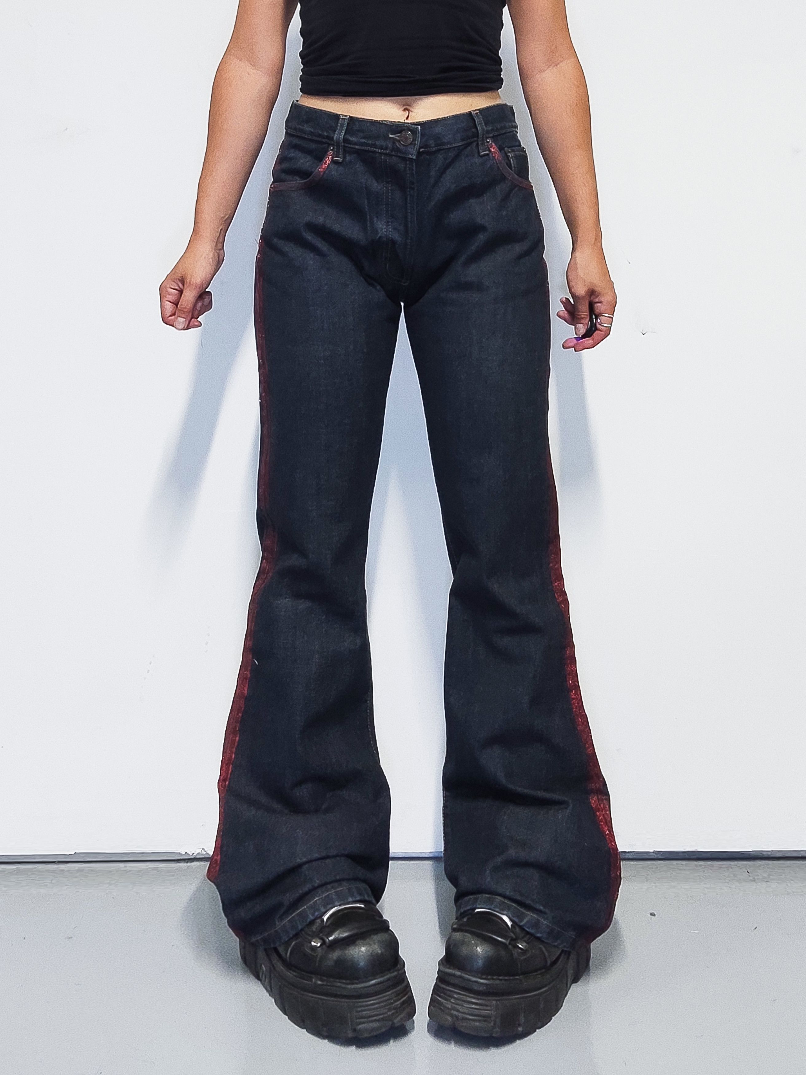Vintage Vintage Y2k Deadstock Flared Jeans with Glittering Stripes Size 28" / US 6 / IT 42 - 1 Thumbnail