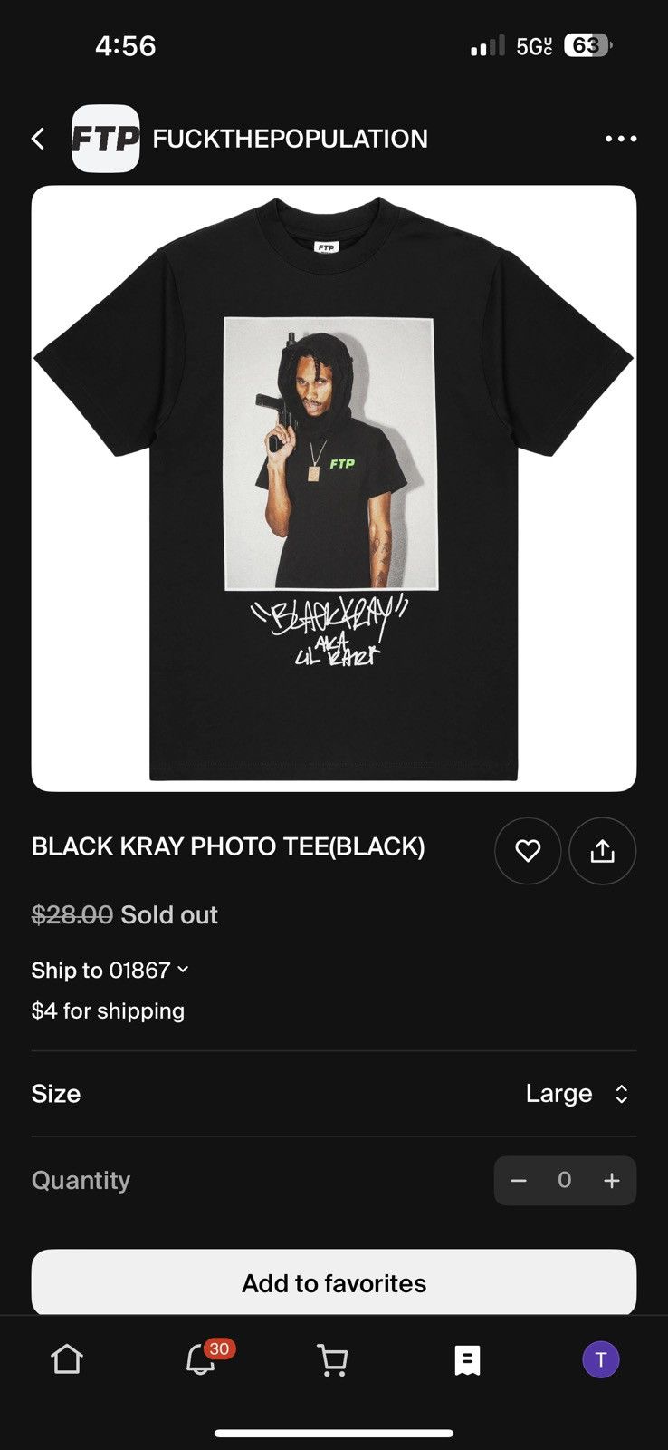 image of Fuck The Population x G59 Records Ftp Black Kray Tee, Men's (Size Large)