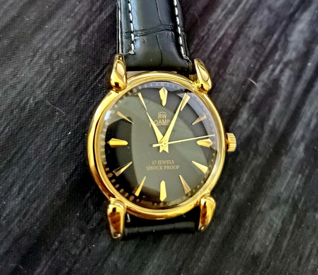 image of Designer Vintage Roamer Mechanical Swiss Watch Restored Gld-Blk-Blk in Black, Men's